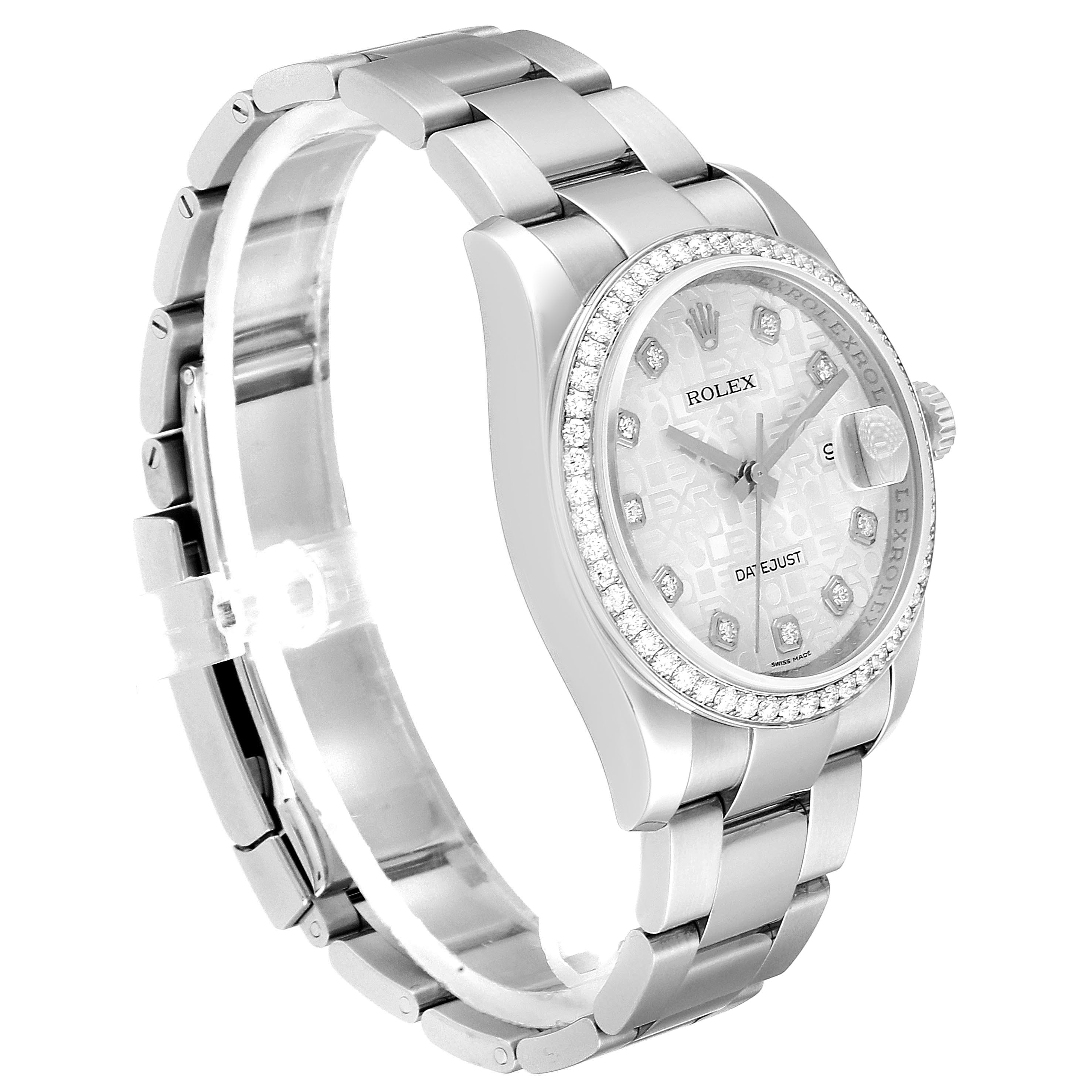 This image shows a side view of the Rolex Datejust 116244 Men's Stainless Steel Silver Dial 116244 Men's Stainless Steel Silver Dial watch, highlighting its bracelet and diamond-set bezel.