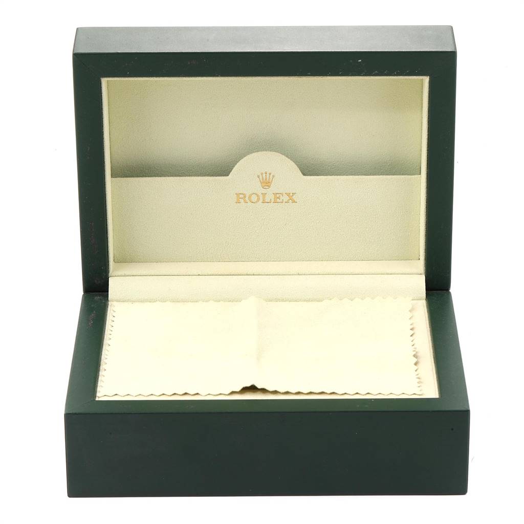 The image shows an open Rolex Datejust 116244 Men's Stainless Steel Silver Dial 116244 Men's Stainless Steel Silver Dial watch box with an interior cloth.