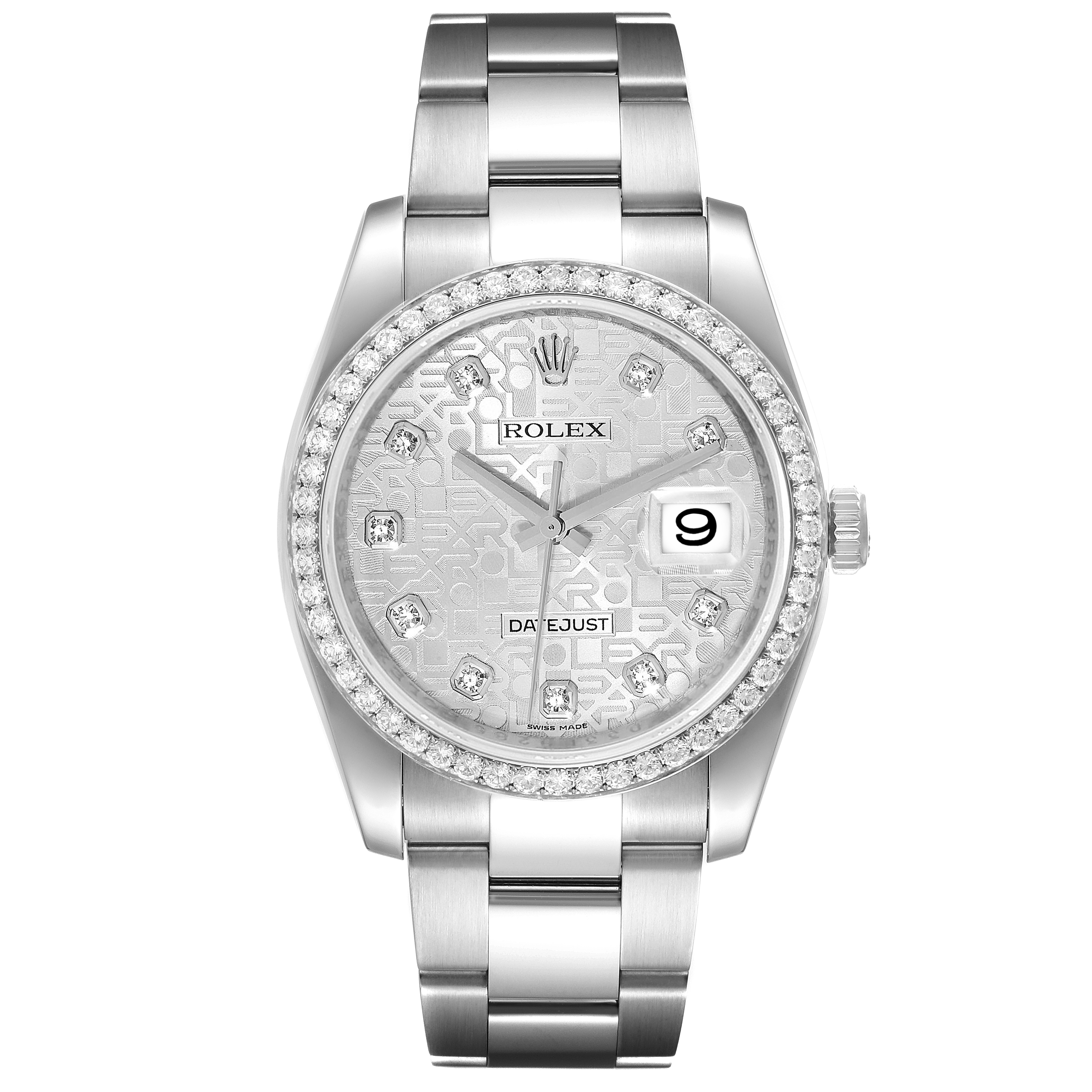 The image shows a front view of the Rolex Datejust 116244 Men's Stainless Steel Silver Dial 116244 Men's Stainless Steel Silver Dial watch, displaying its face, bezel, crown, and bracelet.