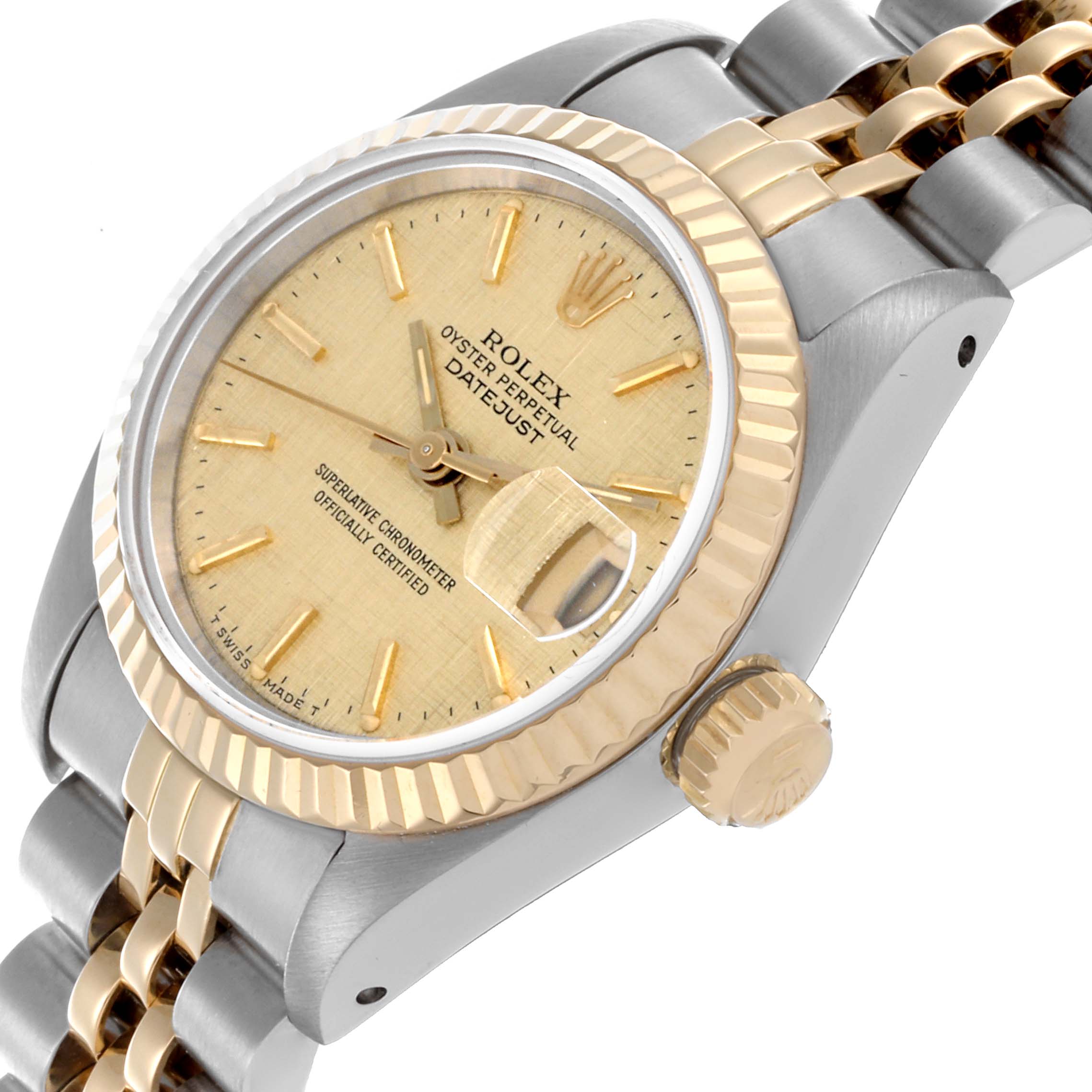 This Rolex Datejust 69173 Women's Steel and Gold (two tone) Champagne Dial 69173 Women's Steel and Gold (two tone) Champagne Dial watch is shown at an angled top view, displaying its face, bezel, crown, and part of the bracelet.