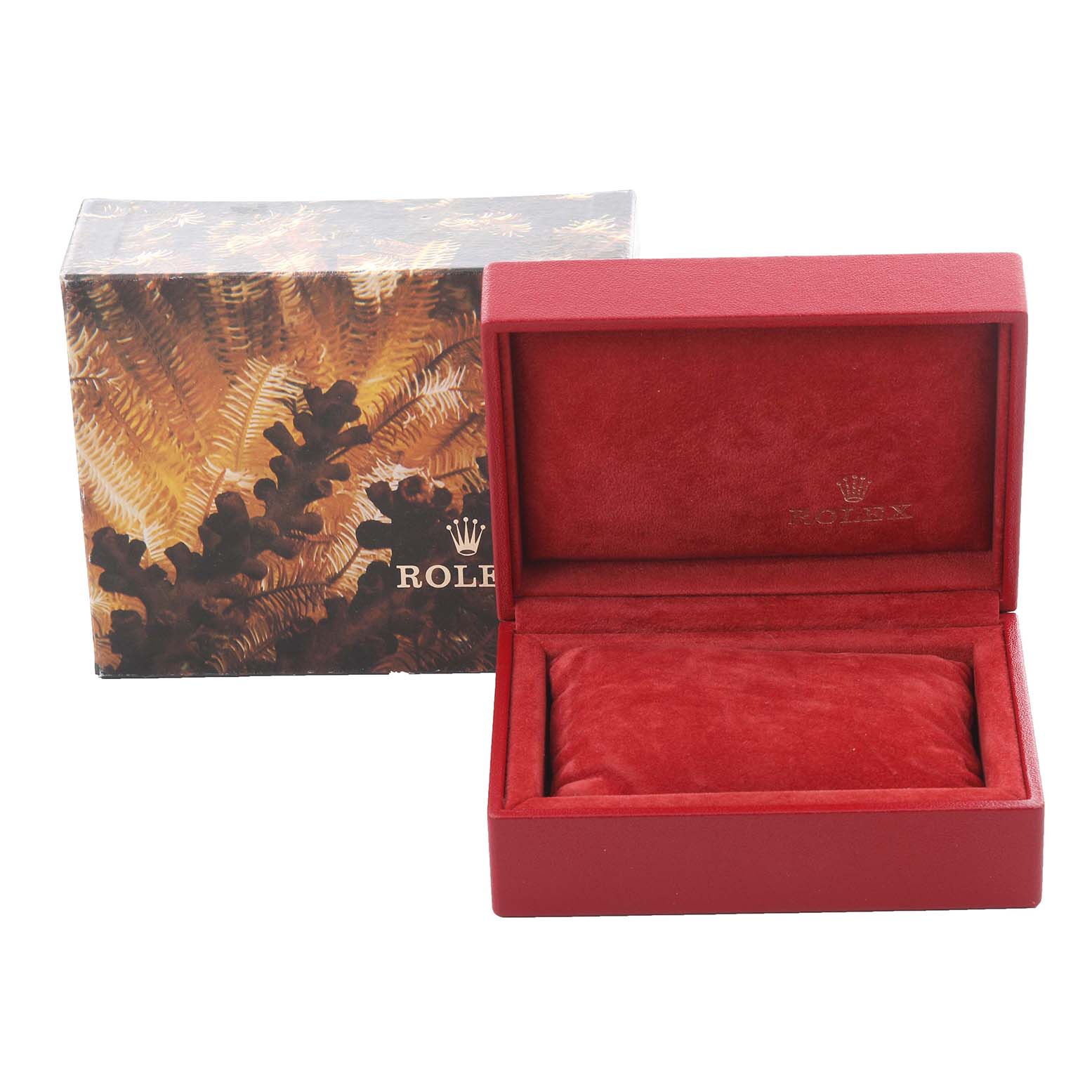 The image shows a Rolex Datejust 69173 Women's Steel and Gold (two tone) Champagne Dial 69173 Women's Steel and Gold (two tone) Champagne Dial box set with an open red interior and a closed colorful outer box.