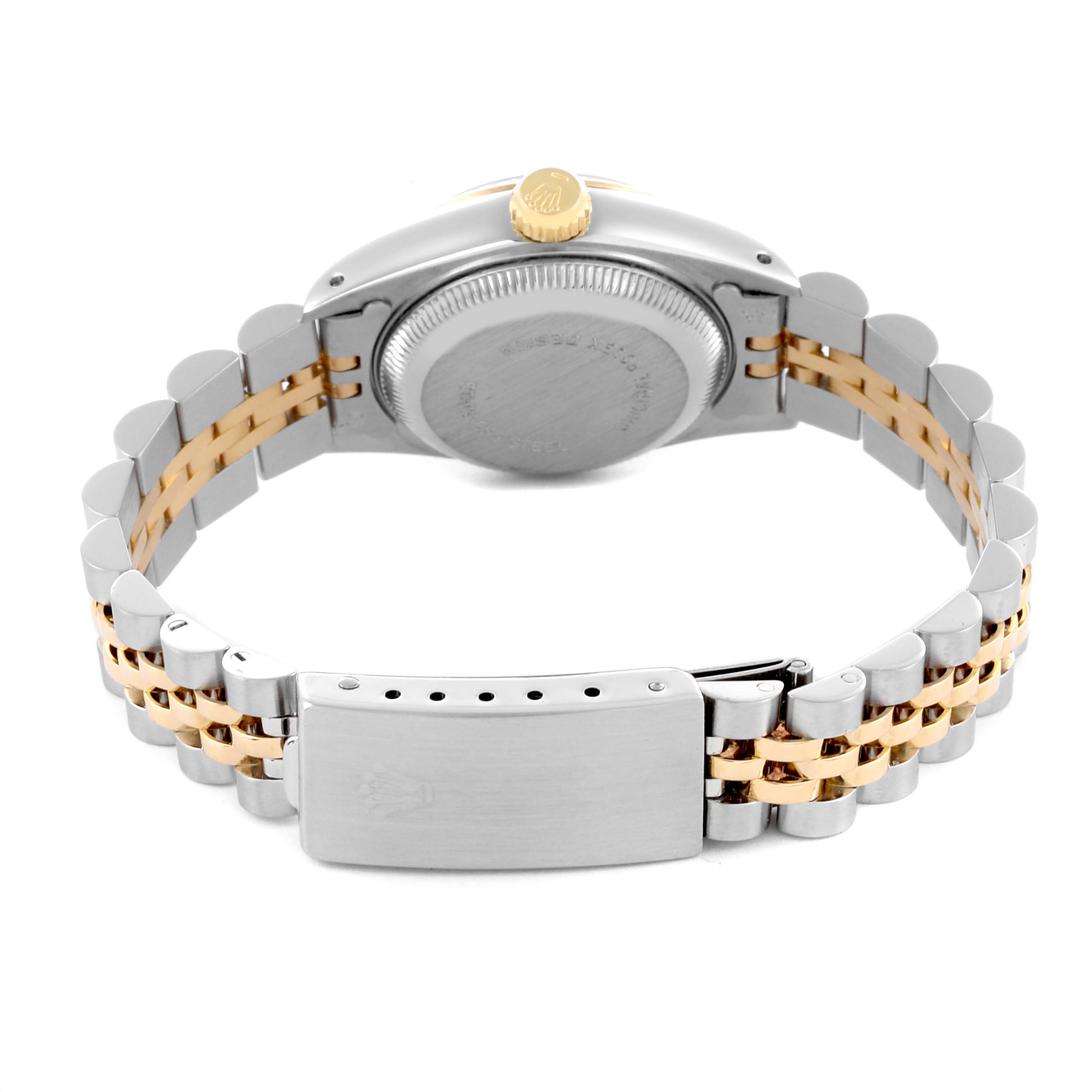 The Rolex Datejust 69173 Women's Steel and Gold (two tone) Champagne Dial 69173 Women's Steel and Gold (two tone) Champagne Dial watch is shown from the back, highlighting its clasp, bracelet, and case back.