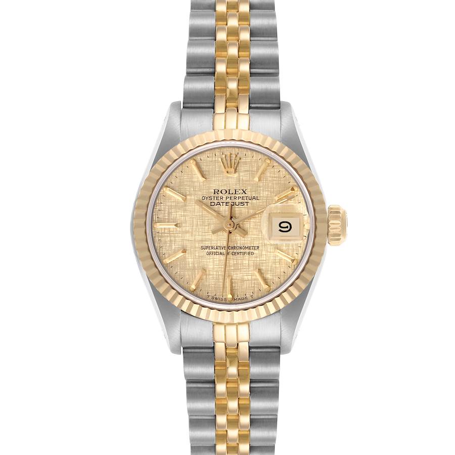 The Rolex Datejust watch is shown from the front, displaying the dial, hands, bezel, and two-tone bracelet.