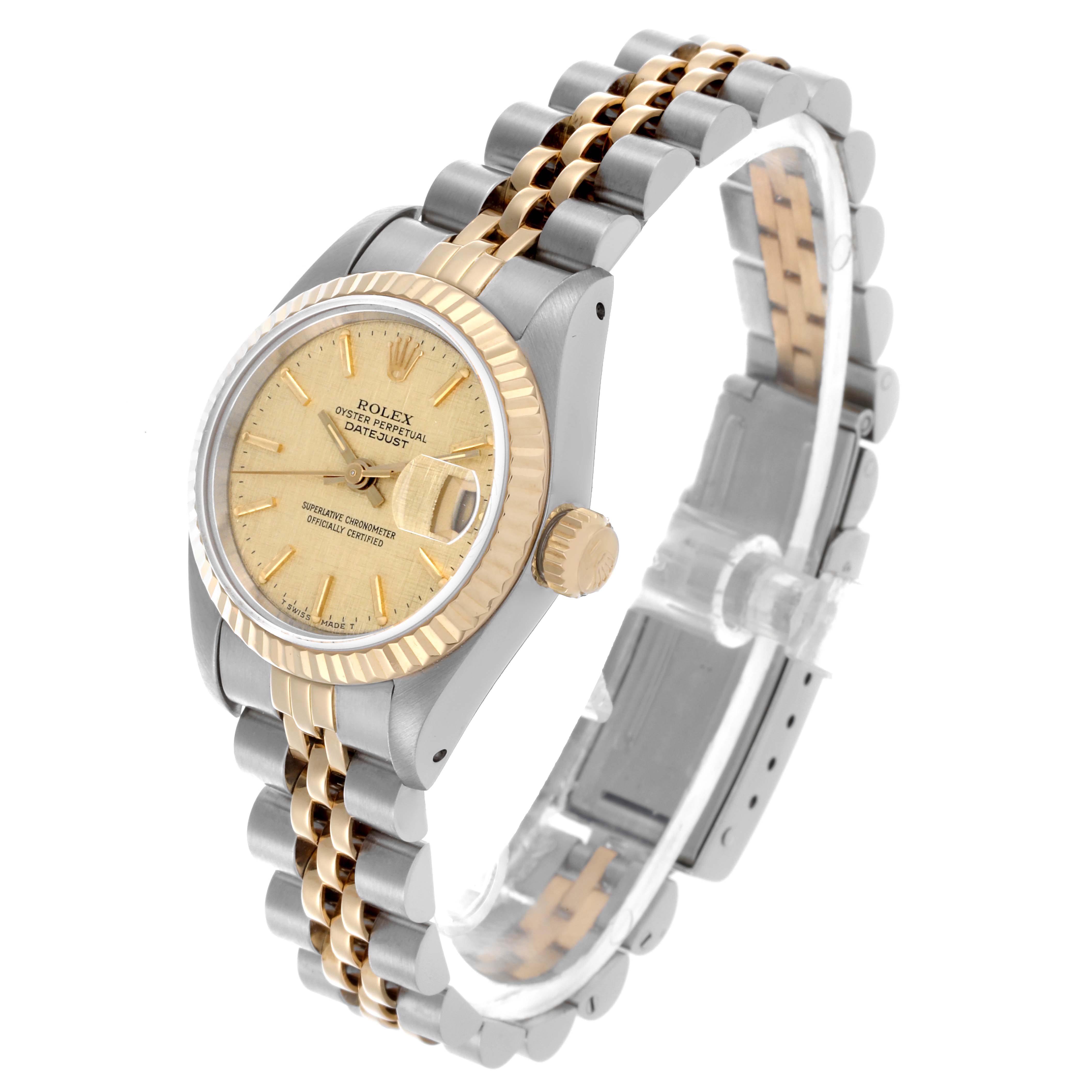 The Rolex Datejust 69173 Women's Steel and Gold (two tone) Champagne Dial 69173 Women's Steel and Gold (two tone) Champagne Dial watch is shown at a side angle, highlighting the face, bezel, crown, and Jubilee bracelet.