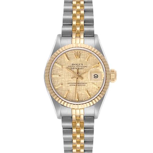 The Rolex Datejust watch is shown from a top-down angle, displaying the face, bezel, crown, and jubilee bracelet.