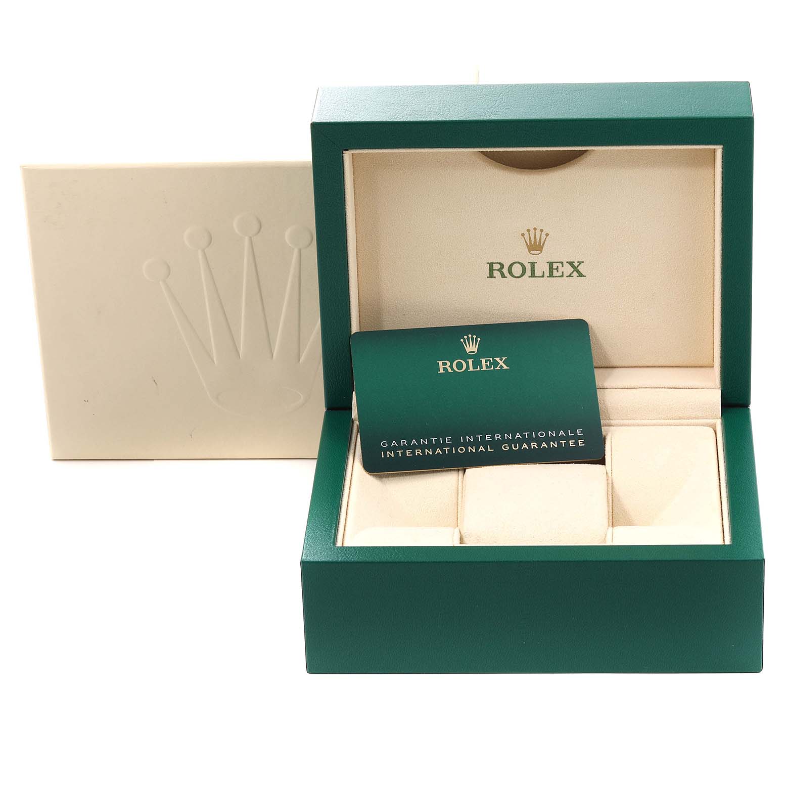 This image shows an open green Rolex box for the Mid-Size model with an international guarantee card inside.