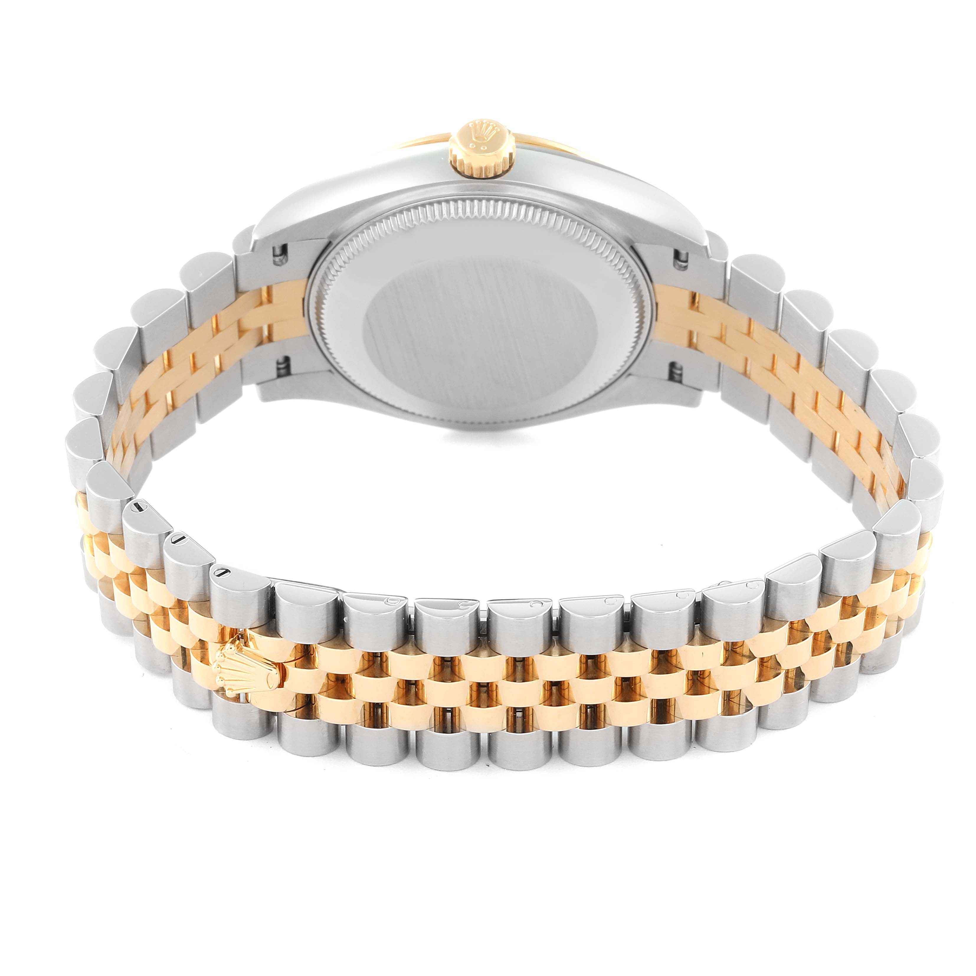 The image shows the back view of a Rolex Mid-Size 278243 Women's Steel and Gold (two tone) Green Dial 278243 Women's Steel and Gold (two tone) Green Dial model watch, displaying its case back and two-tone bracelet.