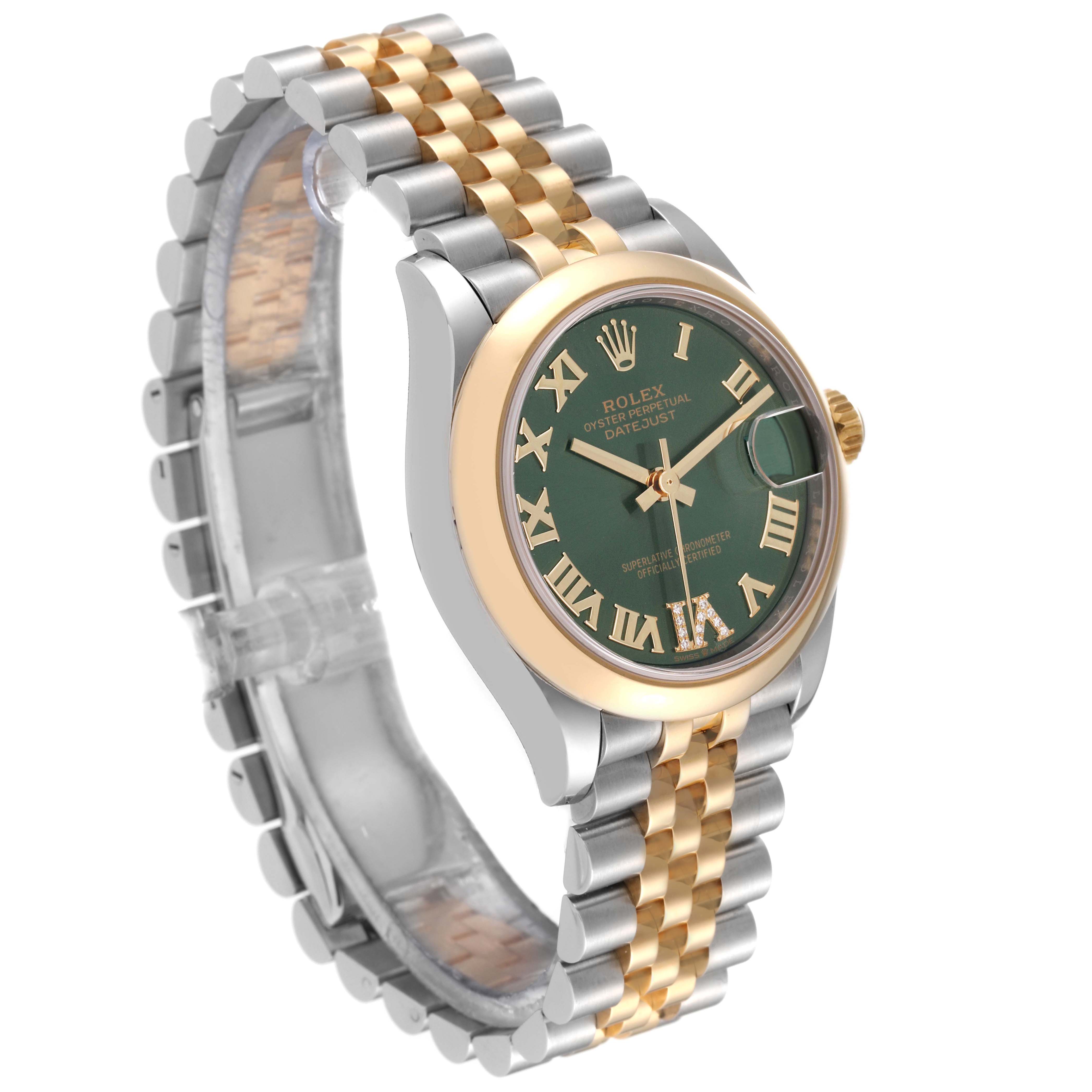 The image shows a side angled view of a Rolex Mid-Size 278243 Women's Steel and Gold (two tone) Green Dial 278243 Women's Steel and Gold (two tone) Green Dial Oyster Perpetual Datejust watch, highlighting its green dial, gold bezel, and two-tone bracelet.