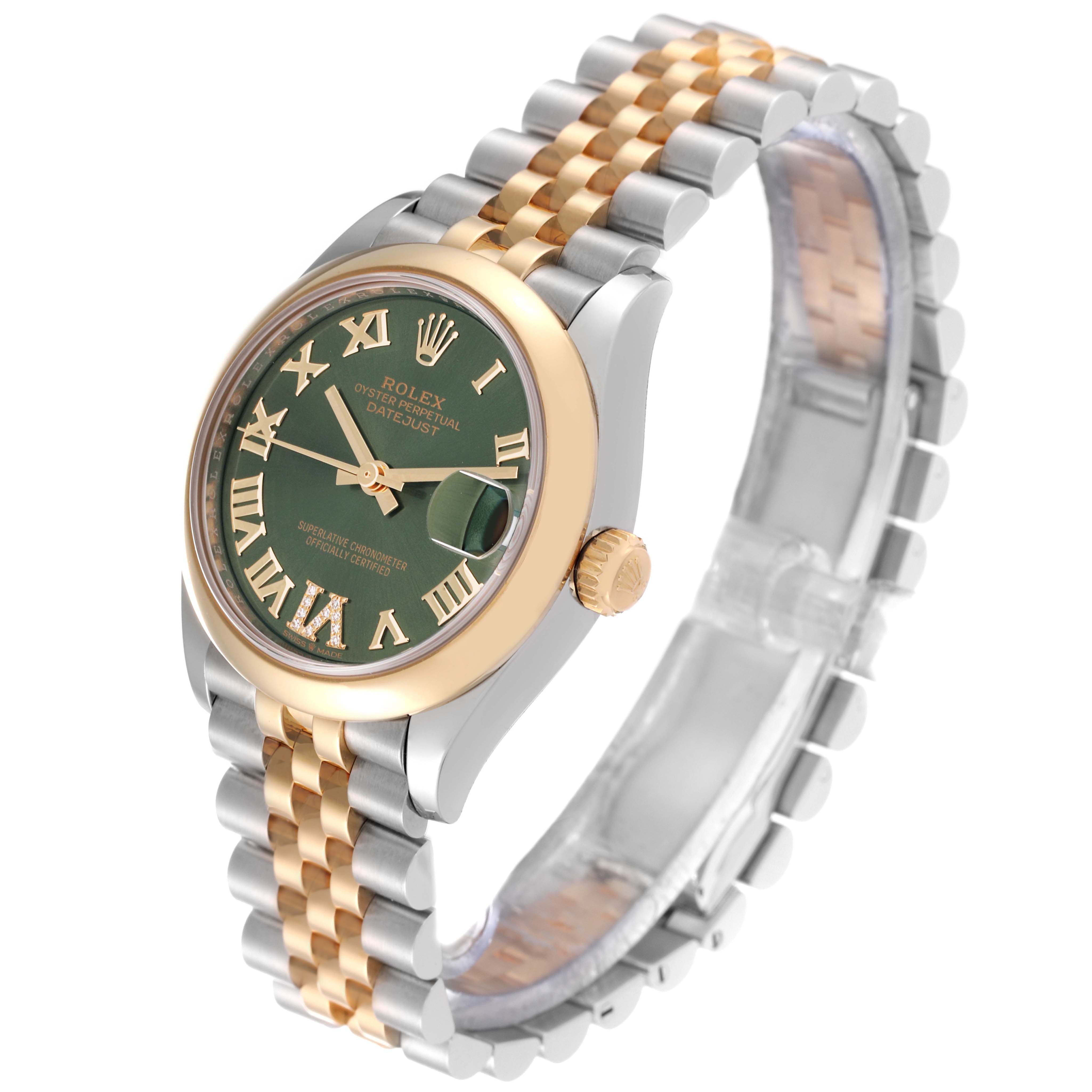 The image shows a Rolex Mid-Size 278243 Women's Steel and Gold (two tone) Green Dial 278243 Women's Steel and Gold (two tone) Green Dial model watch at a front-left angle, highlighting the dial, bezel, crown, and part of the bracelet.