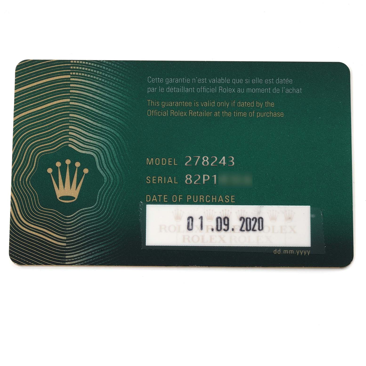 This image shows the front side of a Rolex warranty card for the Mid-Size model 278243.