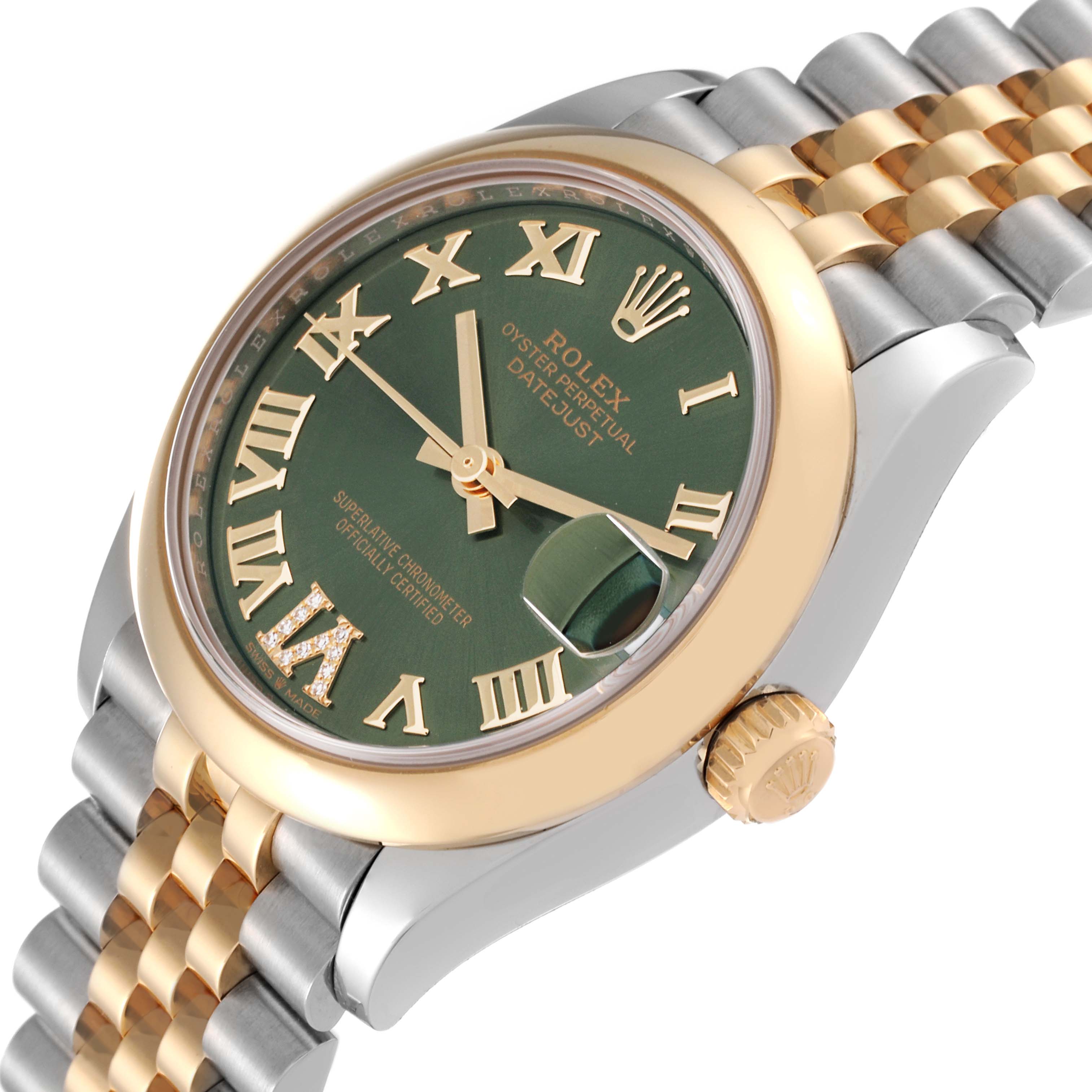 The Rolex Mid-Size 278243 Women's Steel and Gold (two tone) Green Dial 278243 Women's Steel and Gold (two tone) Green Dial watch is shown at an angled view highlighting the green dial, Roman numerals, gold fluted bezel, and Jubilee bracelet.