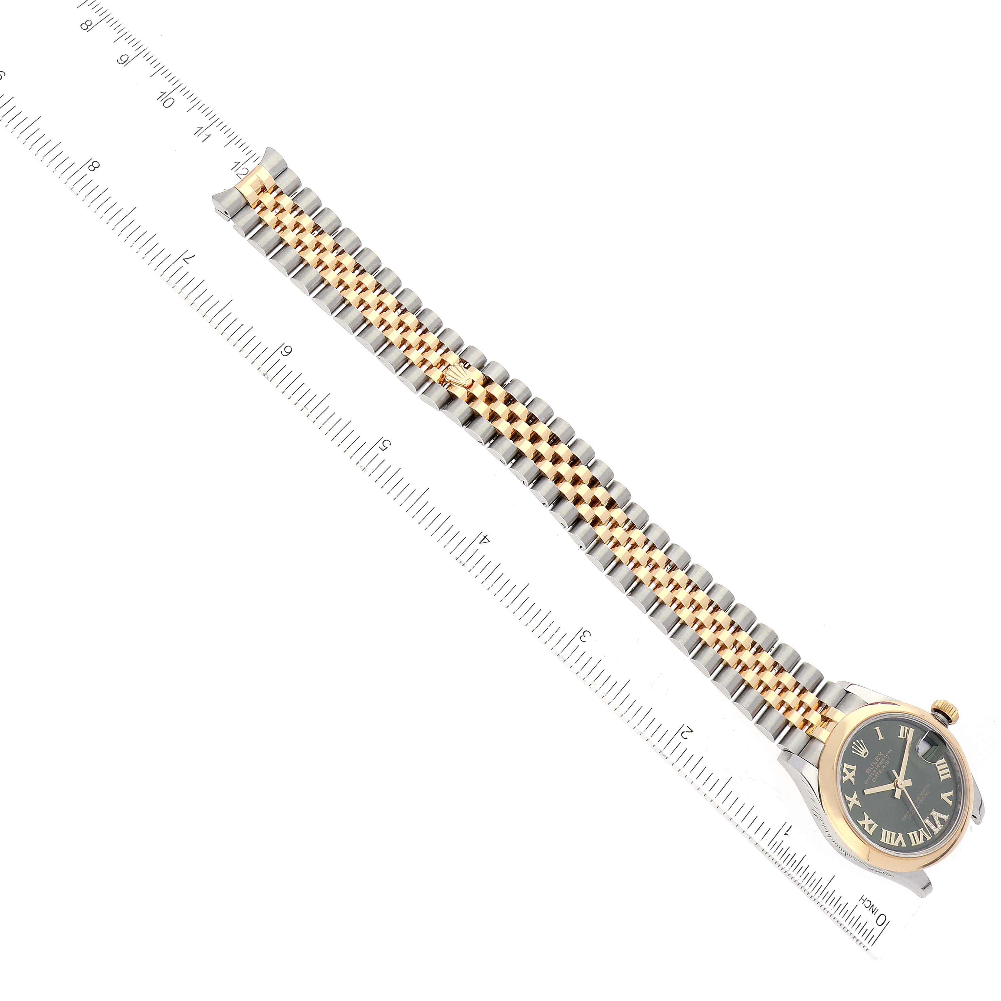 The image shows a Rolex Mid-Size 278243 Women's Steel and Gold (two tone) Green Dial 278243 Women's Steel and Gold (two tone) Green Dial model watch from an overhead angle, featuring the full bracelet and watch face.