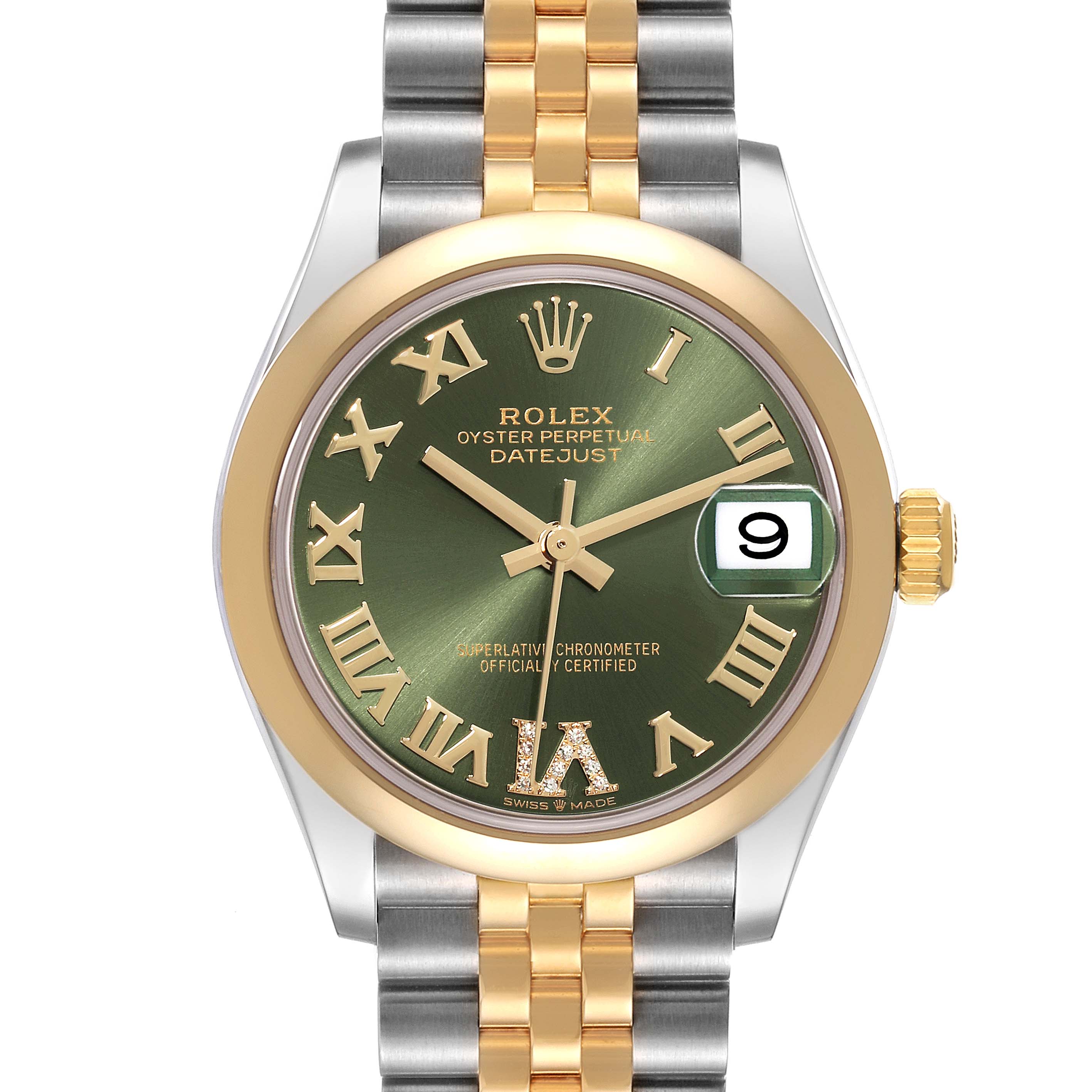 This image shows a front view of a Rolex Oyster Perpetual Datejust Mid-Size watch with a green dial and two-tone bracelet.