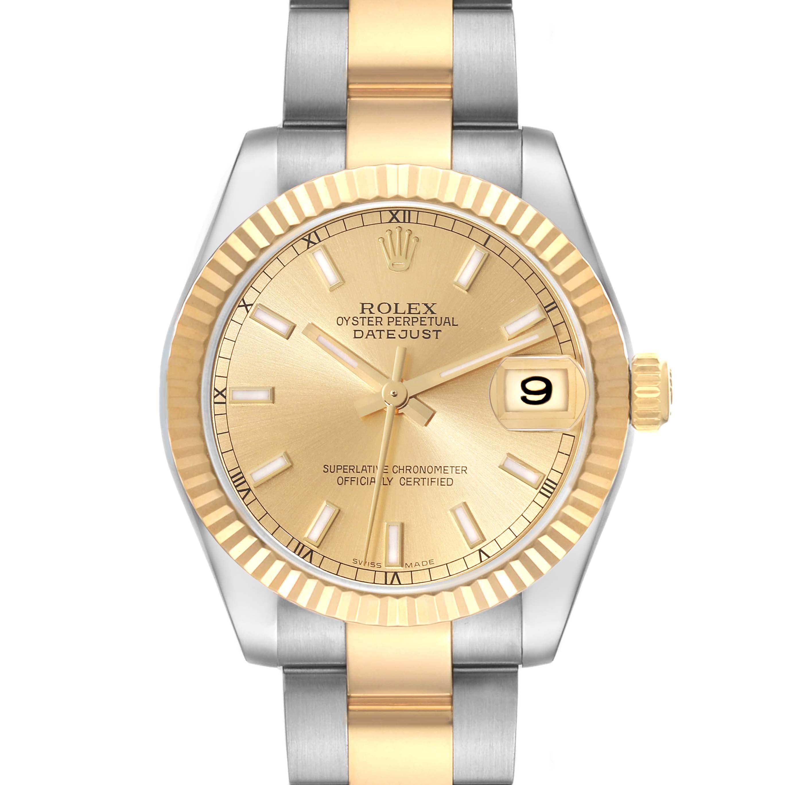 The image shows a front view of the Rolex Datejust Mid-Size watch, featuring a gold and silver bracelet and a date window at 3 o'clock.
