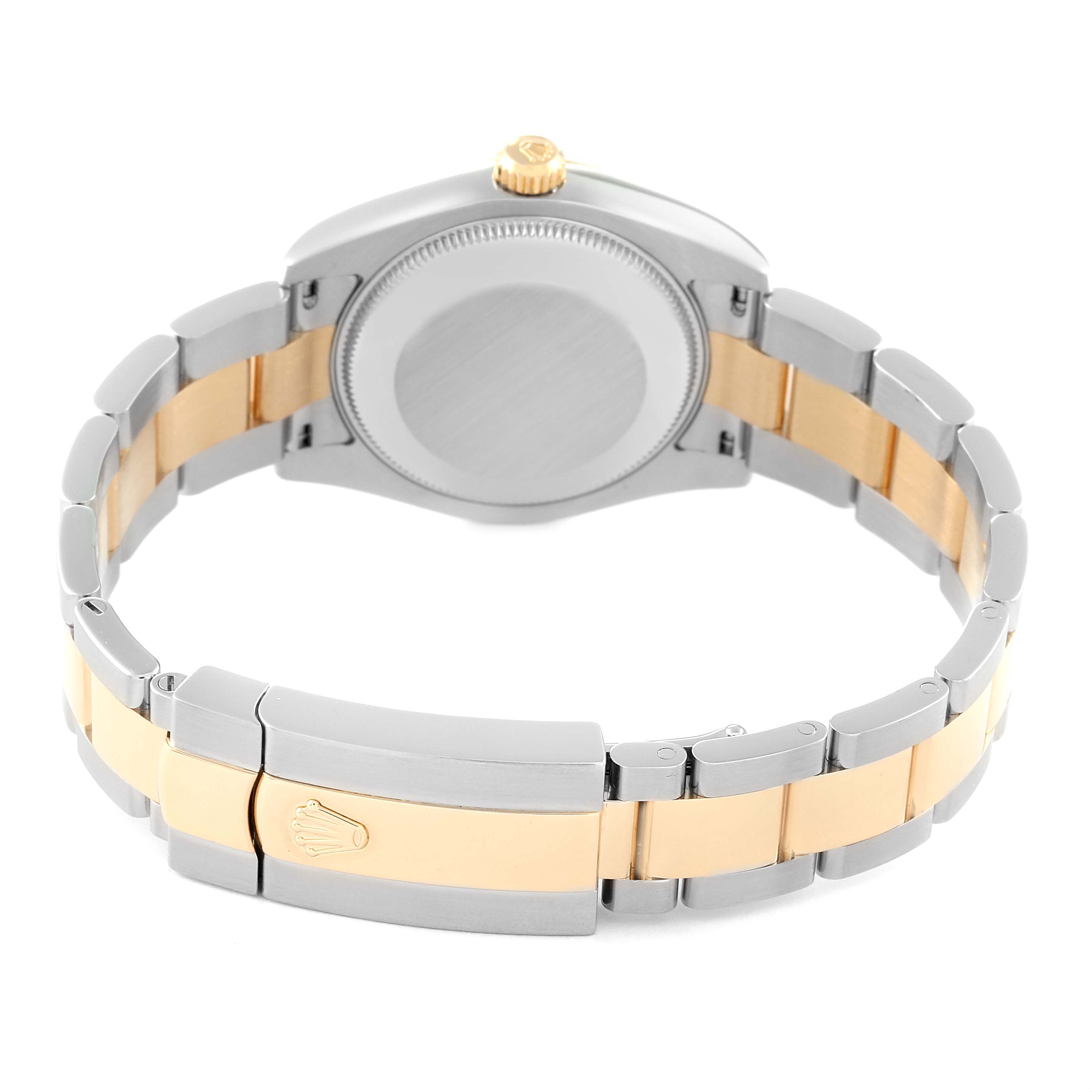 The image shows the back view of a Rolex Mid-Size 178273 Women's Steel and Gold (two tone) Champagne Dial 178273 Women's Steel and Gold (two tone) Champagne Dial model watch, highlighting the caseback, bracelet, and clasp.