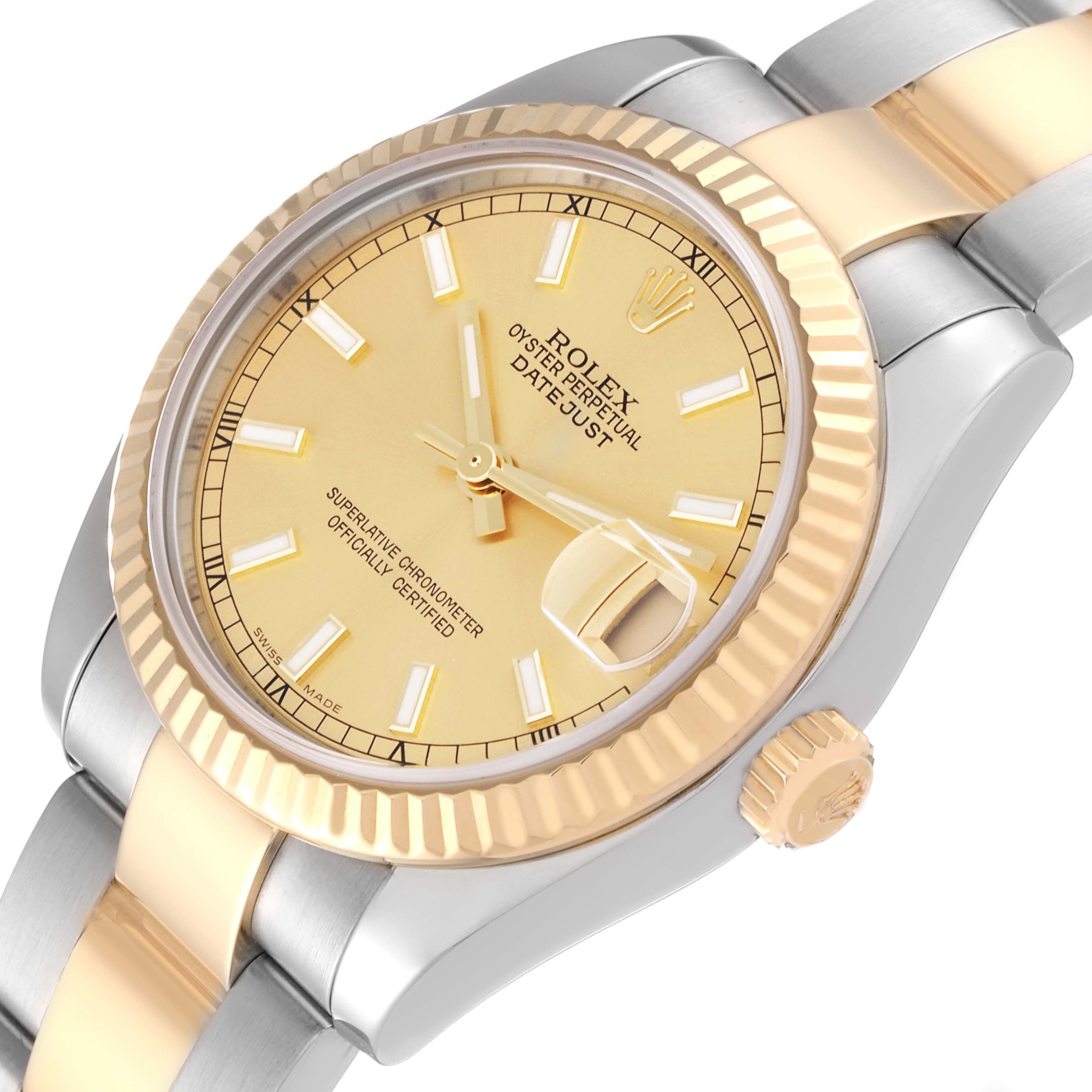 This image shows a Rolex Mid-Size 178273 Women's Steel and Gold (two tone) Champagne Dial 178273 Women's Steel and Gold (two tone) Champagne Dial Oyster Perpetual Datejust watch at an angled close-up, highlighting the dial, bezel, and part of the bracelet.