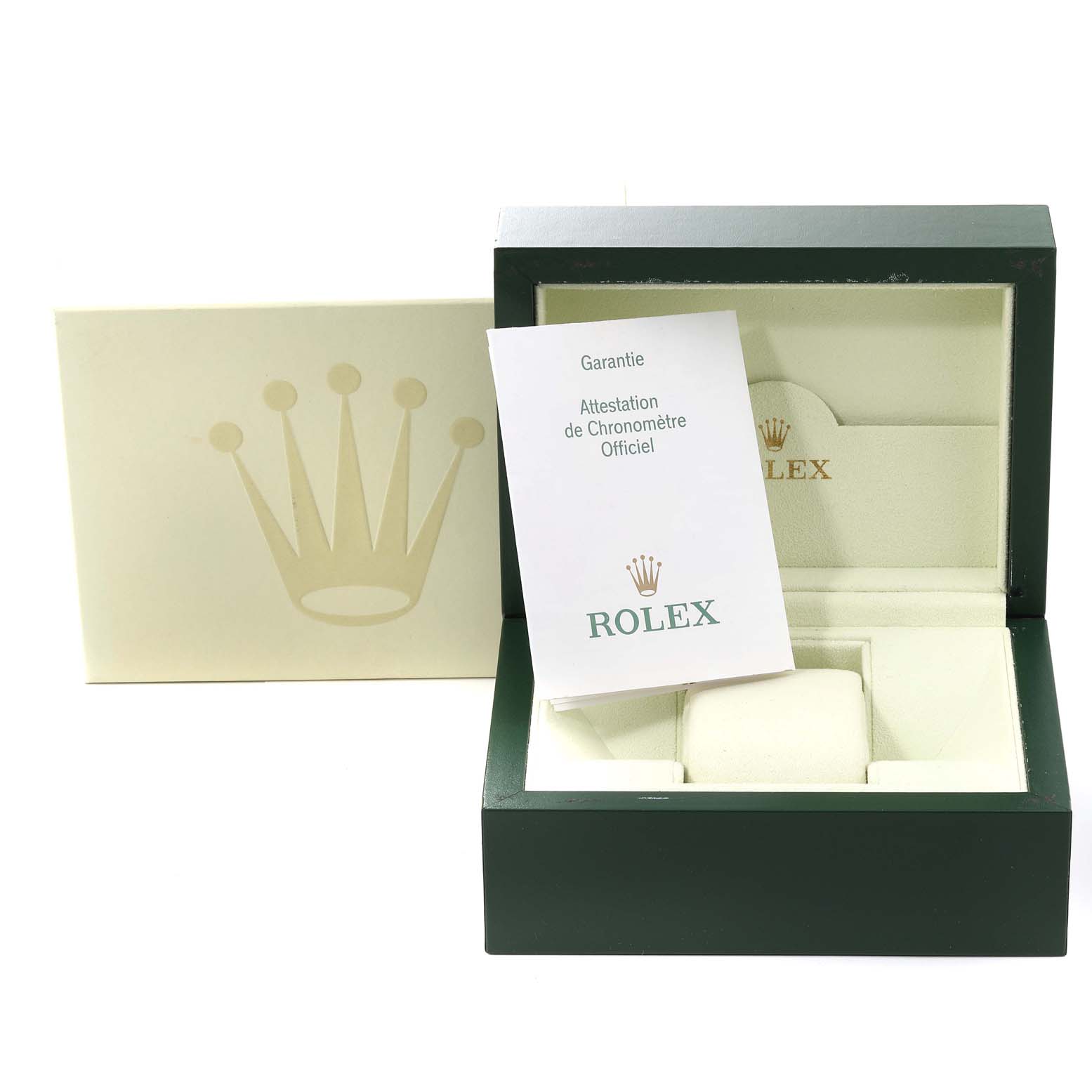 The image shows the box, inner packaging, and warranty card of a Mid-Size Rolex watch.