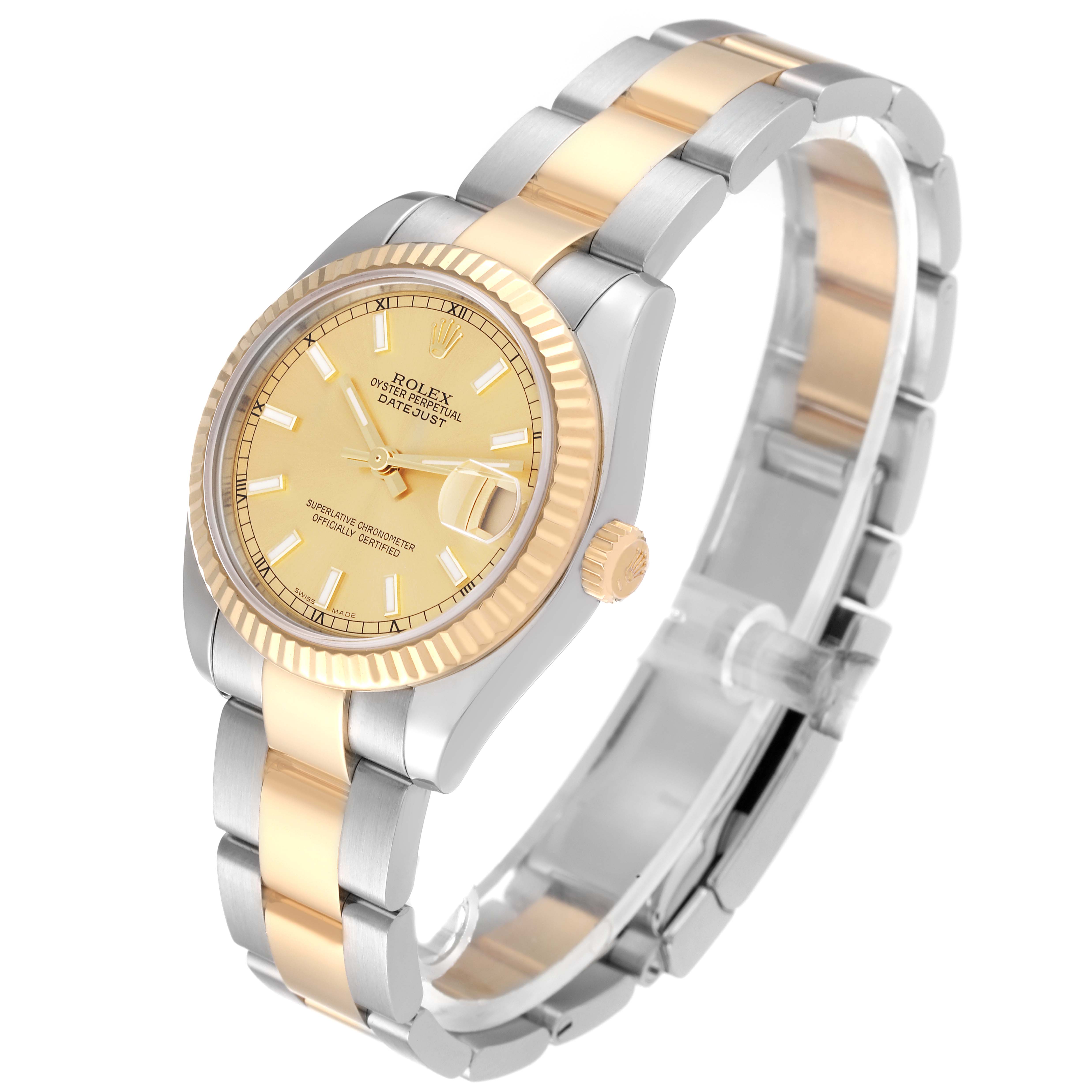 The Rolex Mid-Size 178273 Women's Steel and Gold (two tone) Champagne Dial 178273 Women's Steel and Gold (two tone) Champagne Dial model watch is shown at an angled side view, displaying the face, crown, and bracelet.