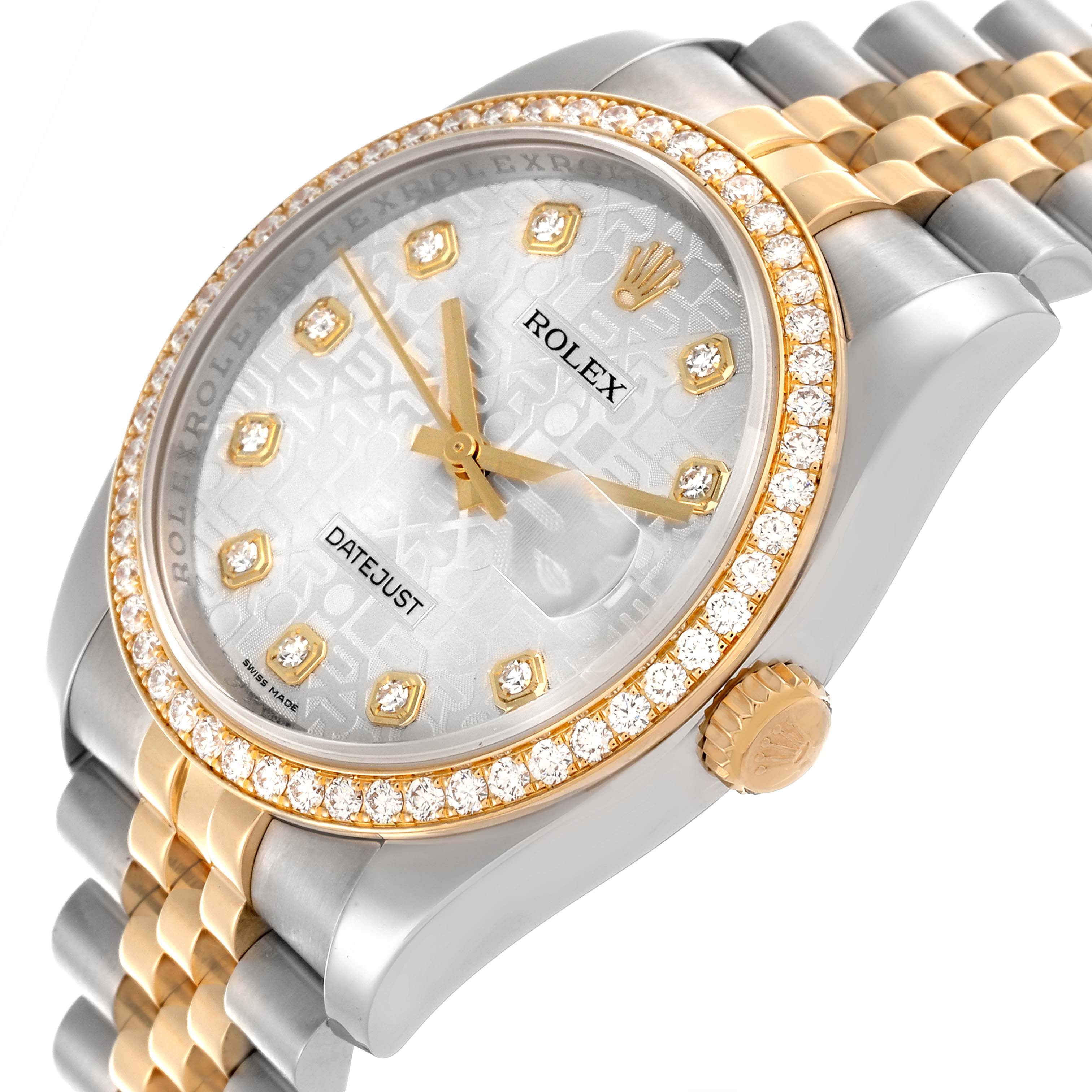 The Rolex Datejust 116243 Men
s Steel and Gold (two tone) Silver Dial 116243 Men
s Steel and Gold (two tone) Silver Dial watch is shown at a slight angle, highlighting the dial, bezel, and part of the bracelet.