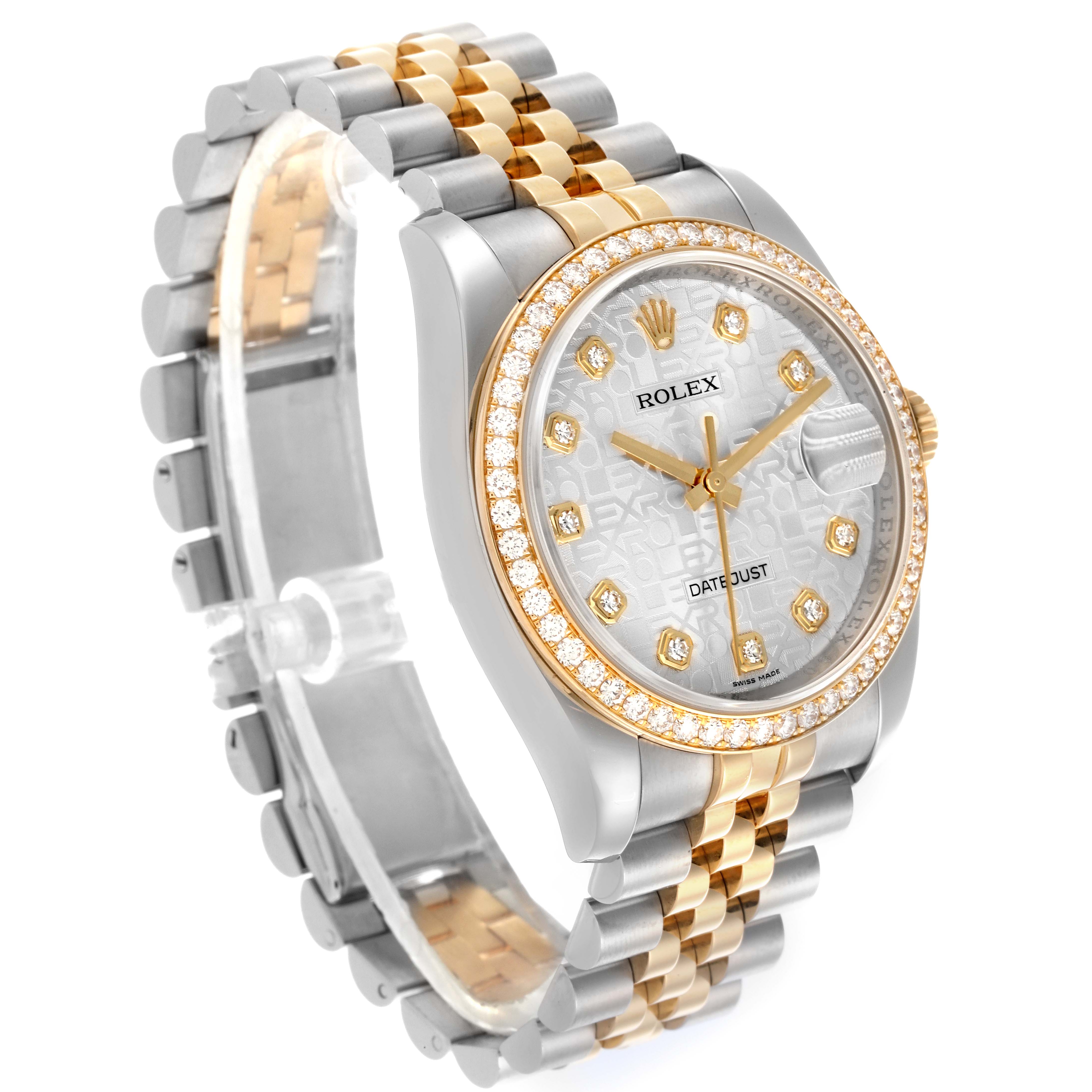 The Rolex Datejust 116243 Men
s Steel and Gold (two tone) Silver Dial 116243 Men
s Steel and Gold (two tone) Silver Dial watch is shown at an angle highlighting the face, bezel, and part of the bracelet.