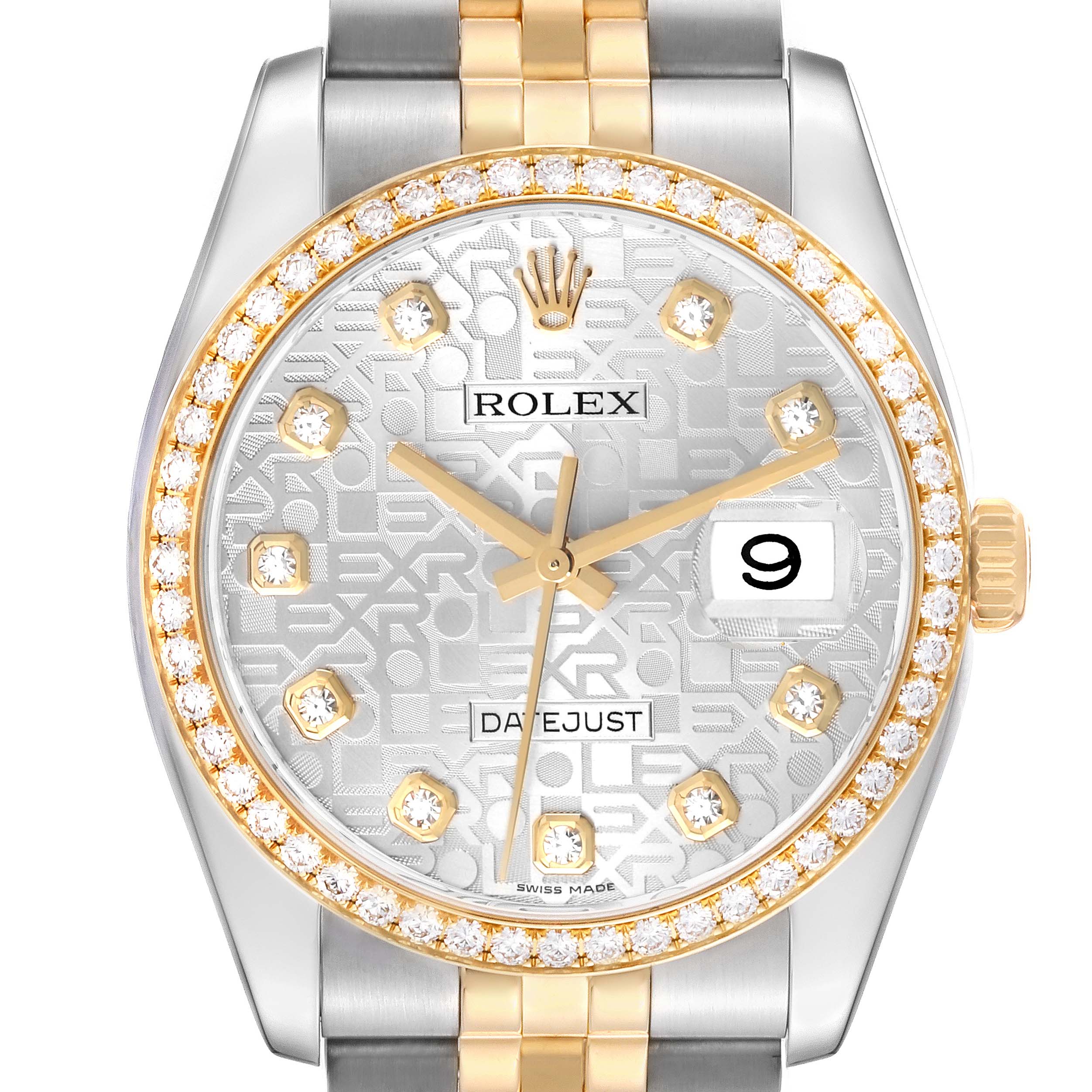 The Rolex Datejust 116243 Men
s Steel and Gold (two tone) Silver Dial 116243 Men
s Steel and Gold (two tone) Silver Dial watch is shown from the front, displaying its face, dial, bezel with diamonds, and part of the bracelet.