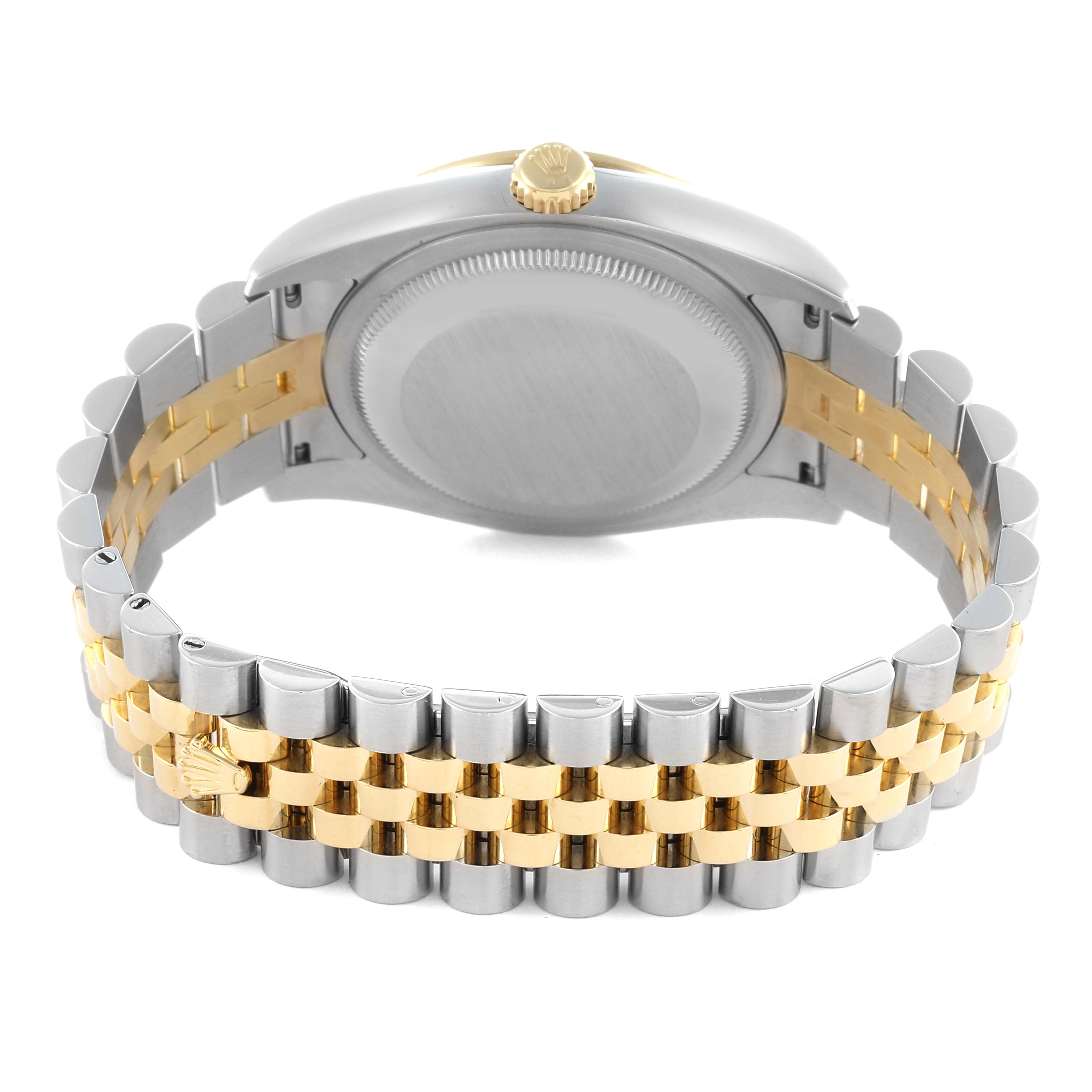 The image shows the back and bracelet of a Rolex Datejust 116243 Men
s Steel and Gold (two tone) Silver Dial 116243 Men
s Steel and Gold (two tone) Silver Dial, highlighting the crown and two-tone Jubilee bracelet.