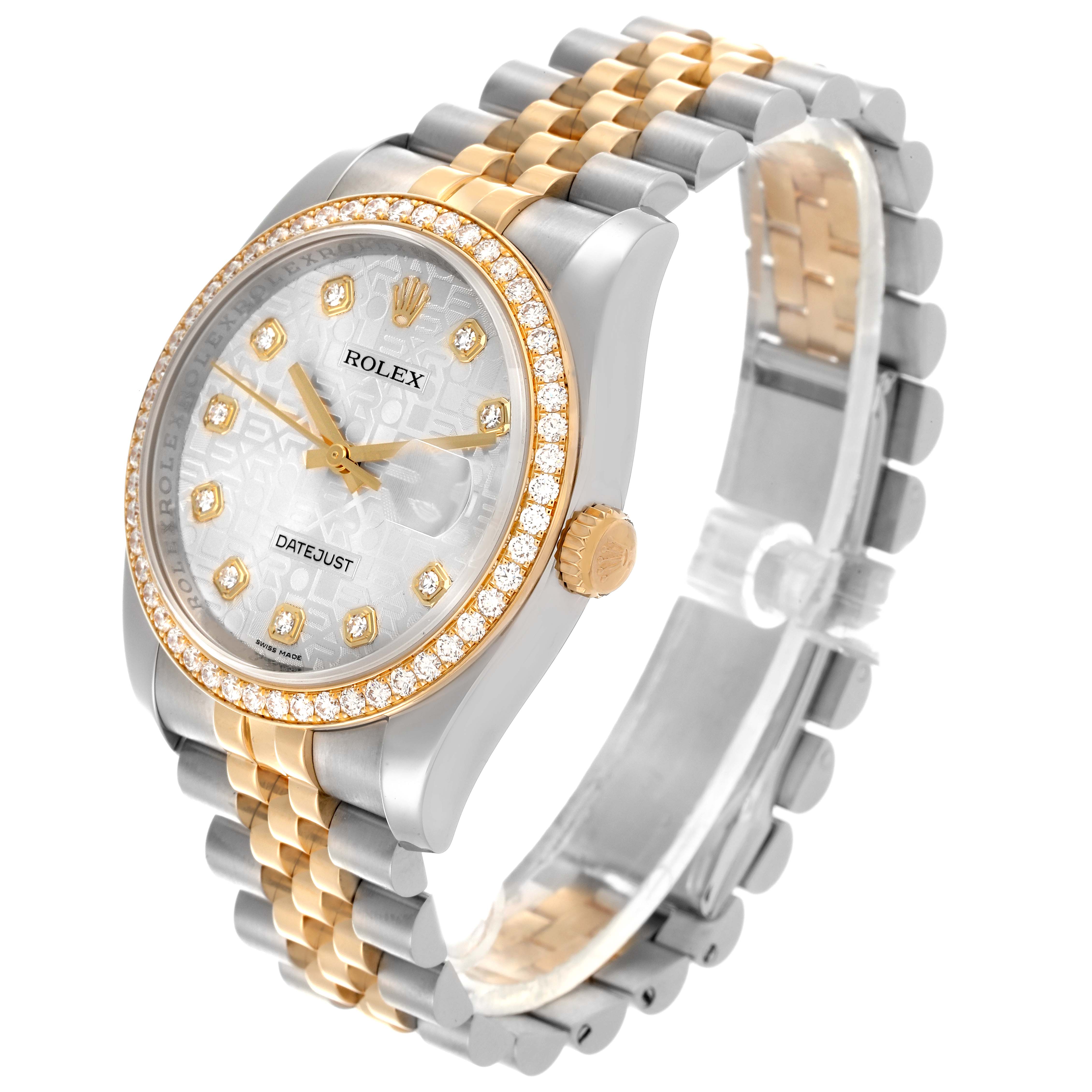 The Rolex Datejust 116243 Men
s Steel and Gold (two tone) Silver Dial 116243 Men
s Steel and Gold (two tone) Silver Dial watch is shown at a three-quarter angle, highlighting the bezel, dial, and Jubilee bracelet.
