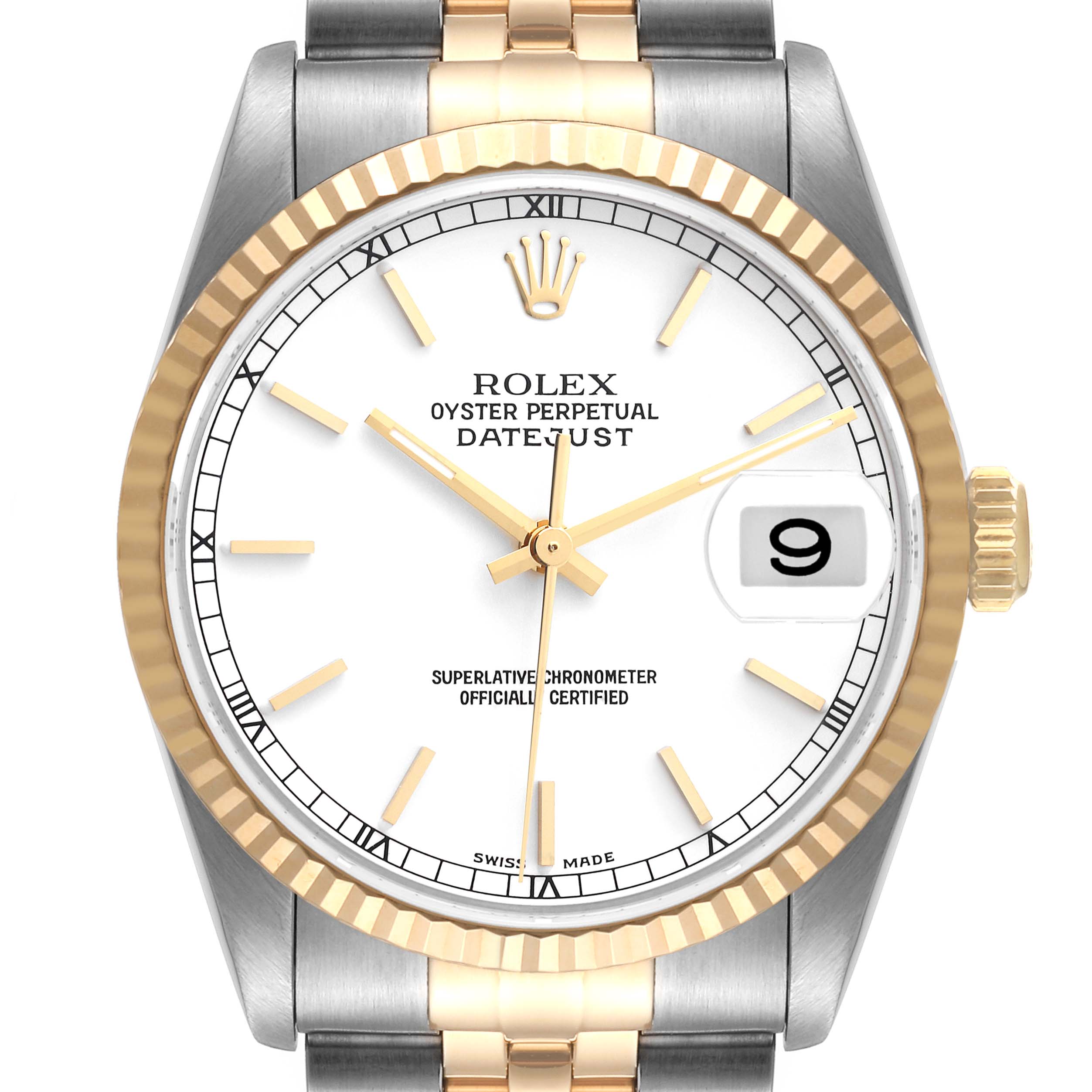 The image shows a front view of a Rolex Datejust 16233 Men's Steel and Gold (two tone) White Dial 16233 Men's Steel and Gold (two tone) White Dial watch, highlighting its face, fluted bezel, and part of the two-tone bracelet.