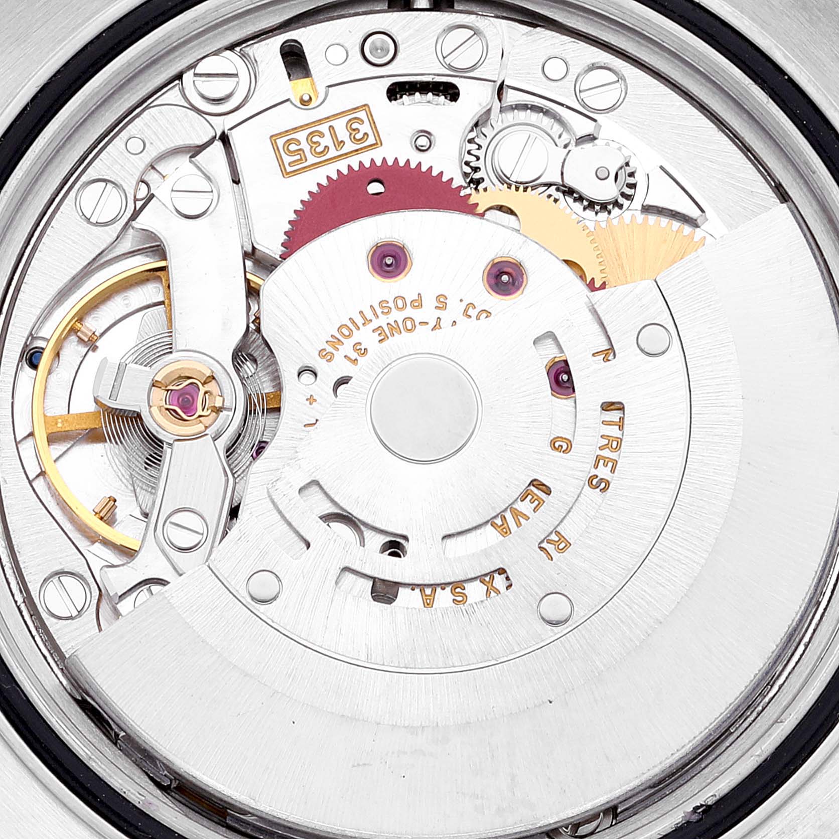 This image shows a close-up of the movement mechanism parts from the Rolex Datejust 16233 Men's Steel and Gold (two tone) White Dial 16233 Men's Steel and Gold (two tone) White Dial model watch.