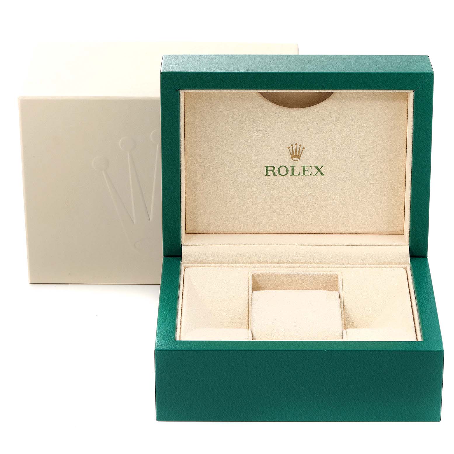 The image shows an open Rolex Datejust 179171 Women's Steel and Gold (two tone) White Dial 179171 Women's Steel and Gold (two tone) White Dial watch box made of green and beige material, with the Rolex logo inside.