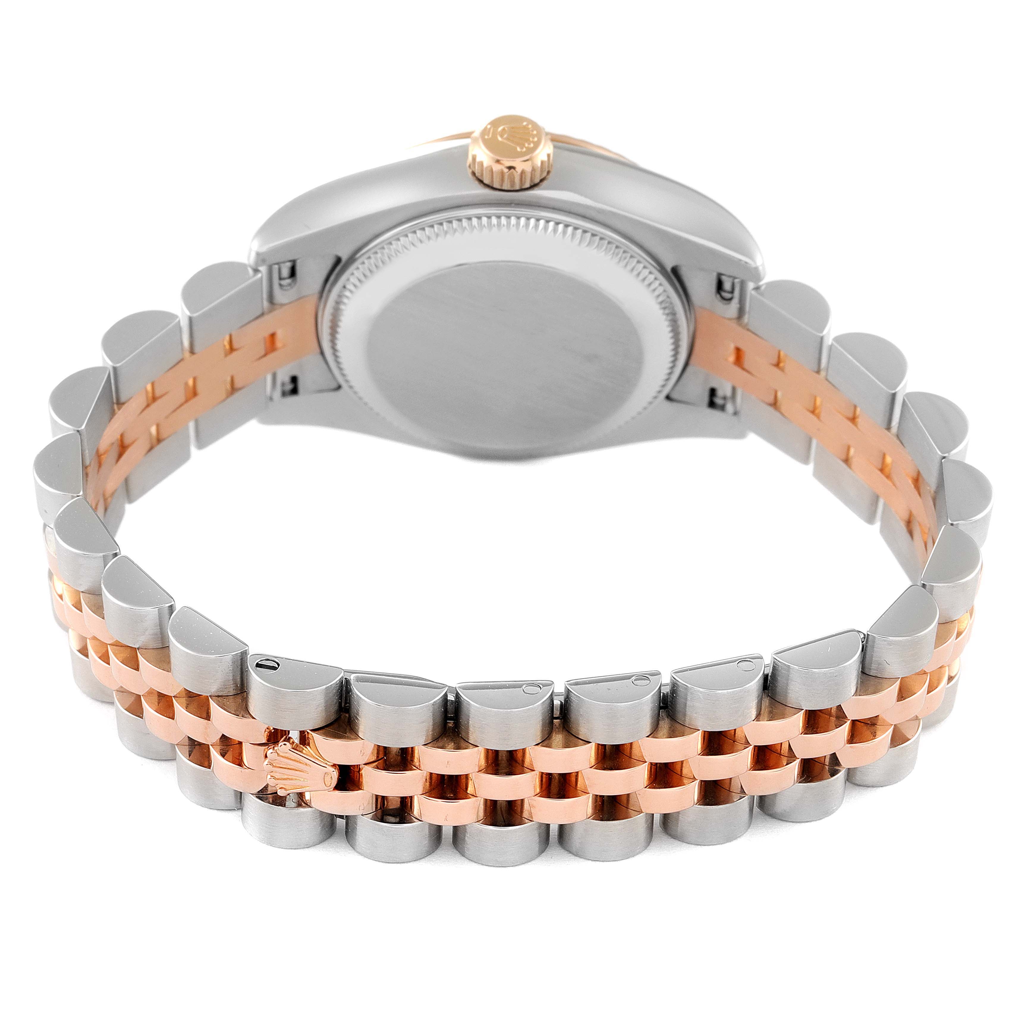 The image shows the back view of a Rolex Datejust 179171 Women's Steel and Gold (two tone) White Dial 179171 Women's Steel and Gold (two tone) White Dial watch, highlighting the case back and two-tone bracelet.