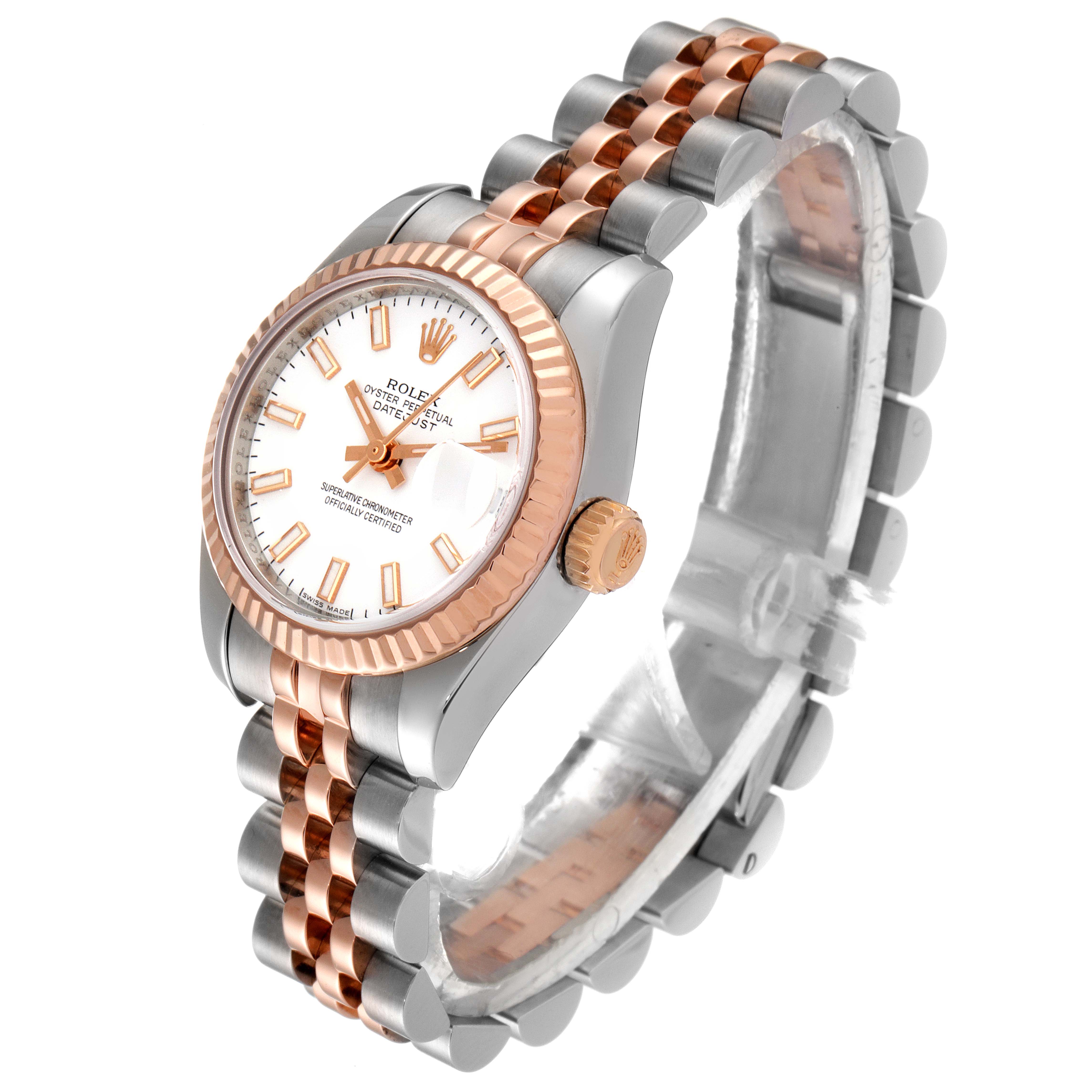 The image shows a Rolex Datejust 179171 Women's Steel and Gold (two tone) White Dial 179171 Women's Steel and Gold (two tone) White Dial watch at a three-quarter angle, highlighting the dial, bezel, crown, and bracelet.