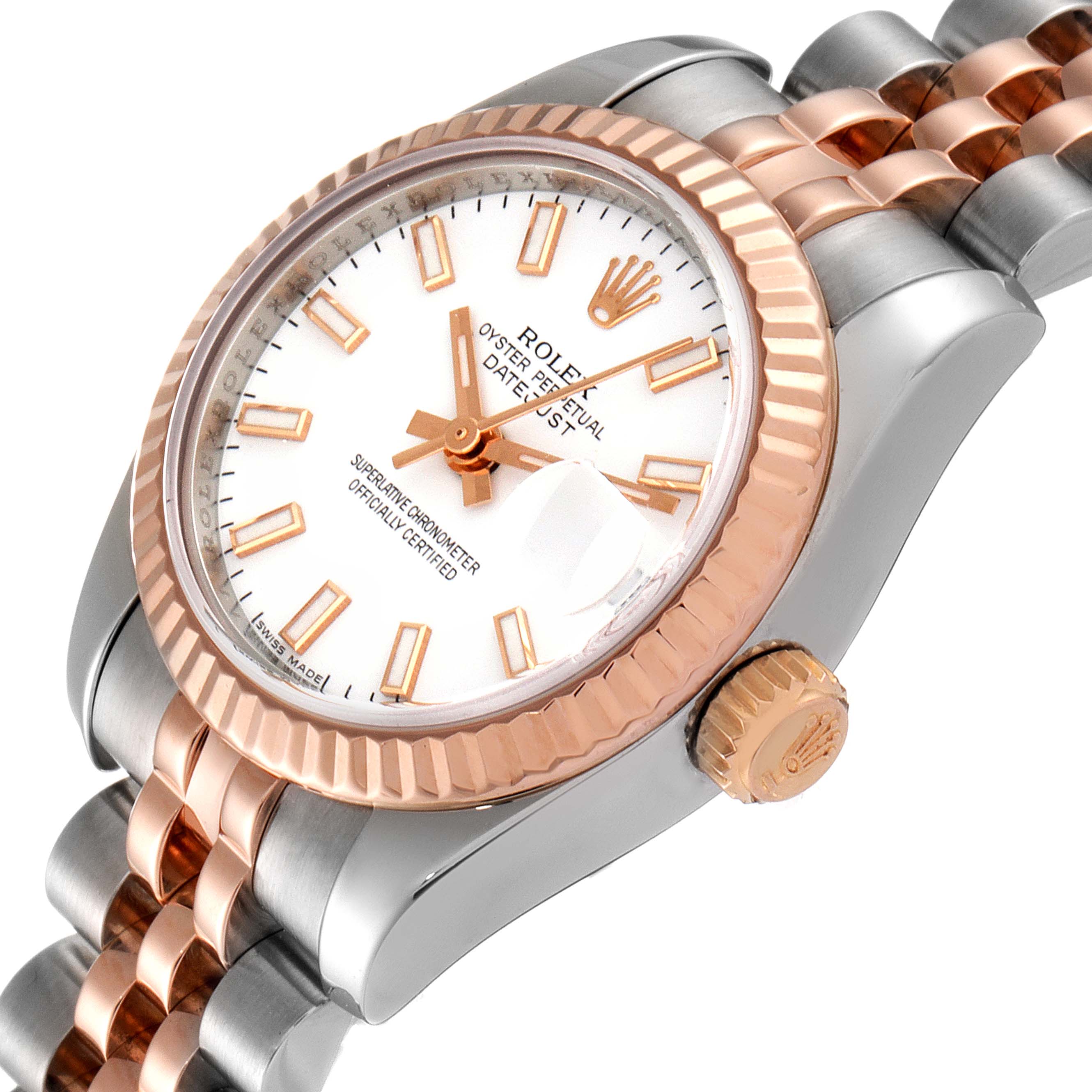 This is a close-up shot of the Rolex Datejust 179171 Women's Steel and Gold (two tone) White Dial 179171 Women's Steel and Gold (two tone) White Dial watch, showing the dial, crown, and part of the Jubilee bracelet at an angled view.