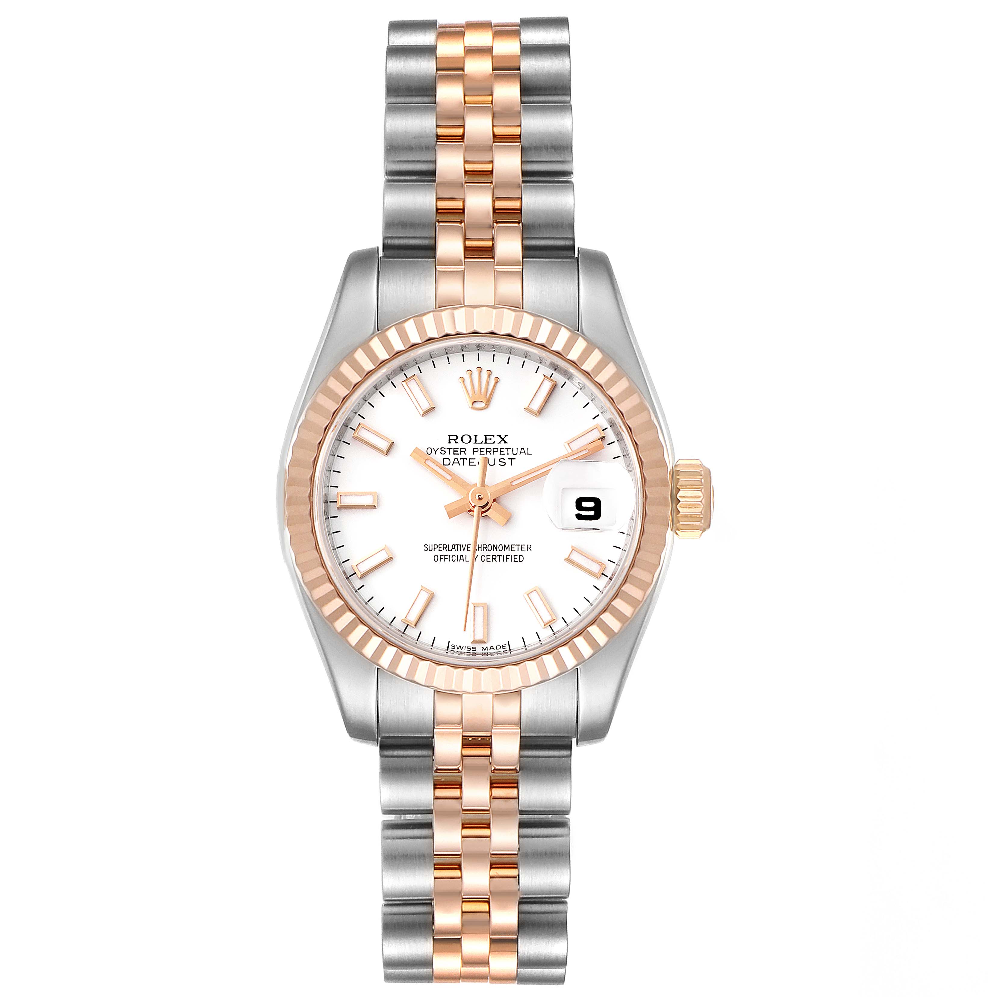 The Rolex Datejust 179171 Women's Steel and Gold (two tone) White Dial 179171 Women's Steel and Gold (two tone) White Dial watch is shown from a straight-on angle showcasing its face, bezel, and bracelet.