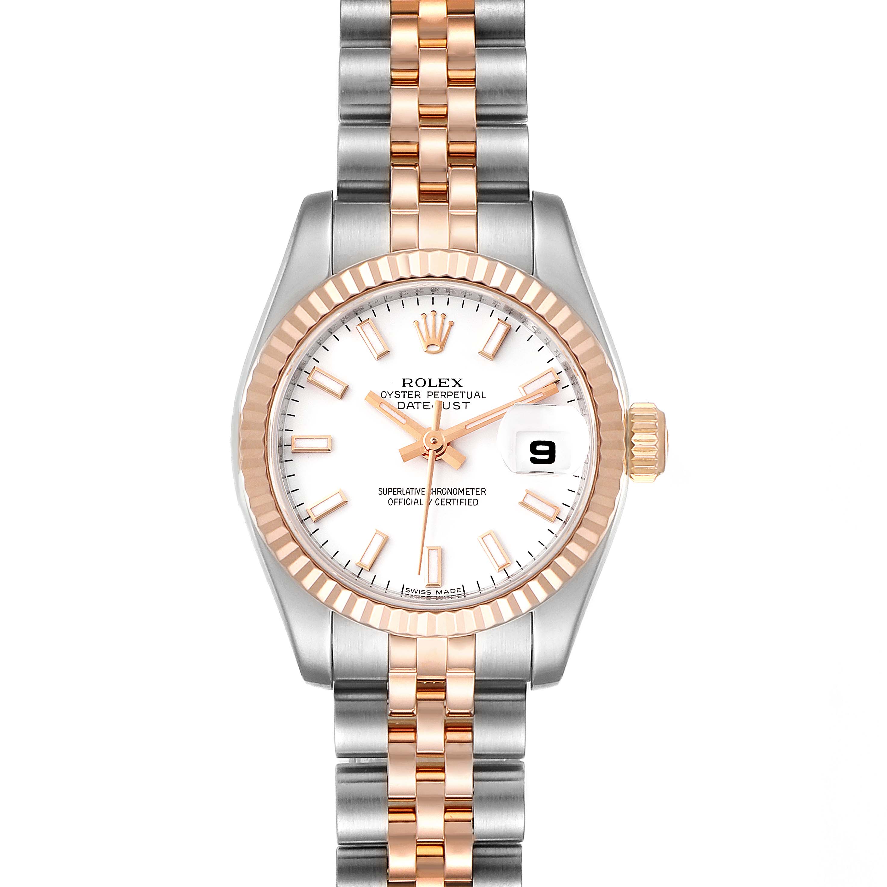 The image shows a front view of the Rolex Datejust 179171 Women's Steel and Gold (two tone) White Dial 179171 Women's Steel and Gold (two tone) White Dial watch, highlighting the face, bezel, crown, and bracelet.