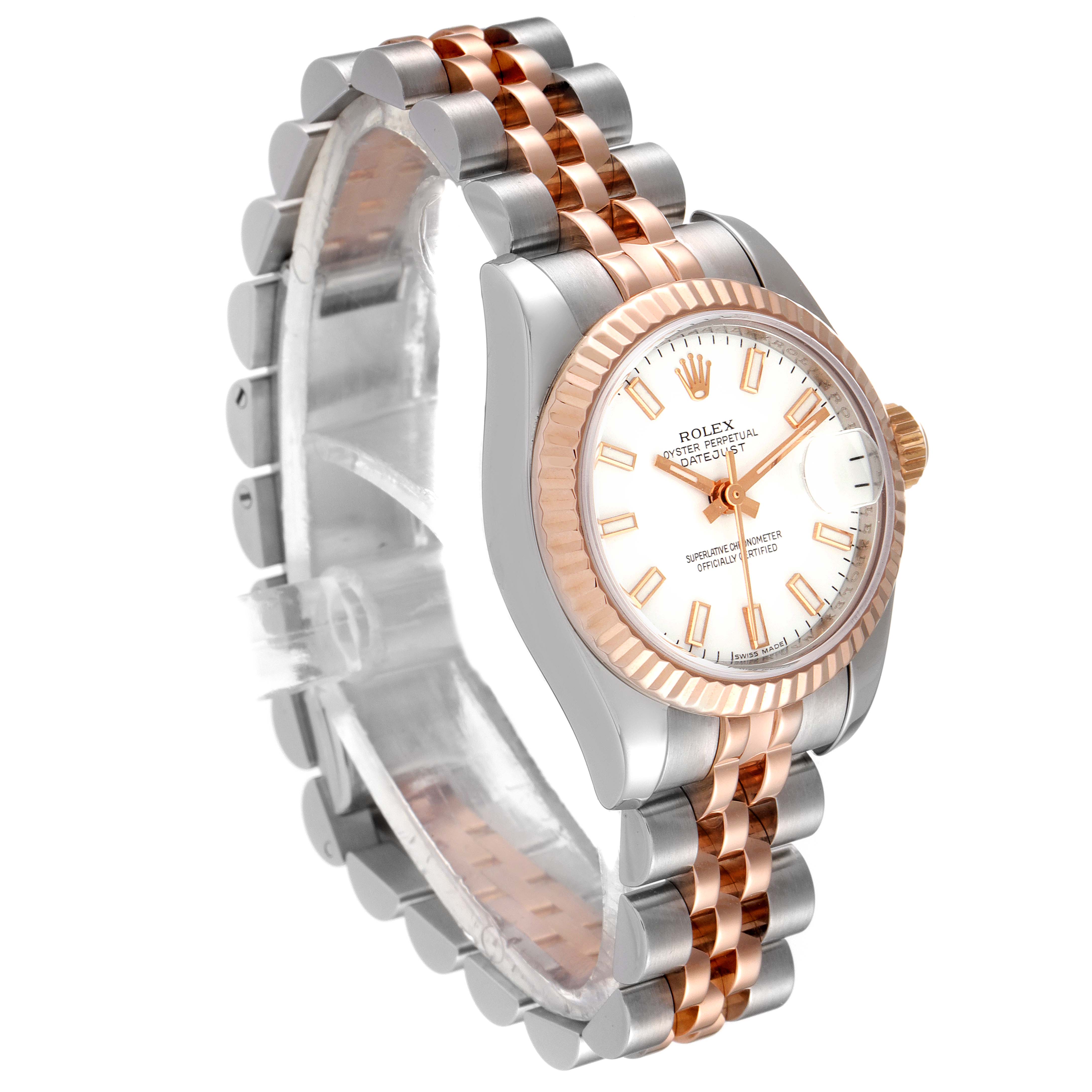 This image shows a Rolex Datejust 179171 Women's Steel and Gold (two tone) White Dial 179171 Women's Steel and Gold (two tone) White Dial watch at a three-quarter angle, highlighting the face, bezel, and two-tone bracelet.