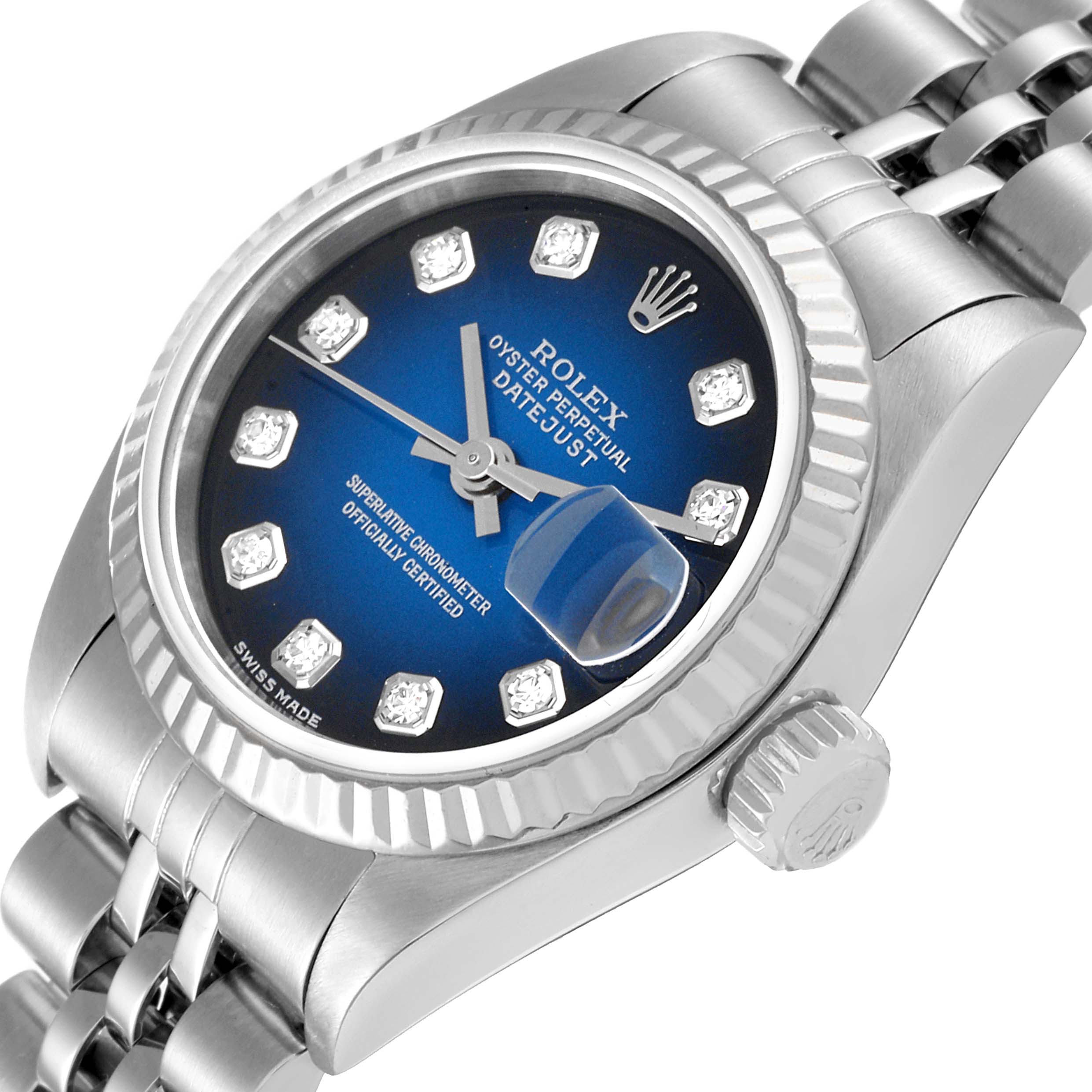 The image shows a close-up view of a Rolex Datejust 79174 Women's Stainless Steel Blue Dial 79174 Women's Stainless Steel Blue Dial watch, focusing on the face, bezel, crown, and part of the bracelet.