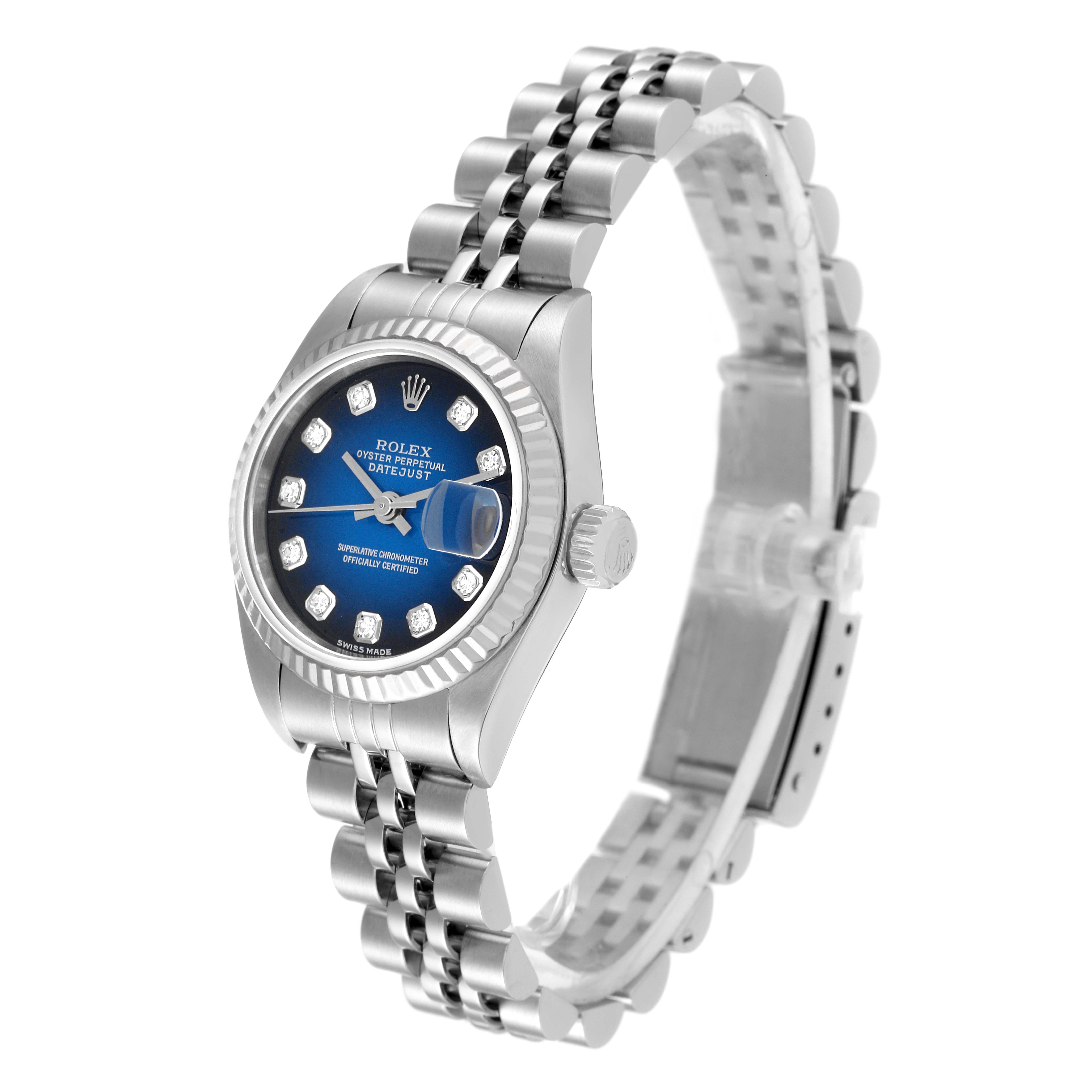 This image shows a Rolex Datejust 79174 Women's Stainless Steel Blue Dial 79174 Women's Stainless Steel Blue Dial watch at a slight angle, highlighting the face, bezel, crown, and bracelet.