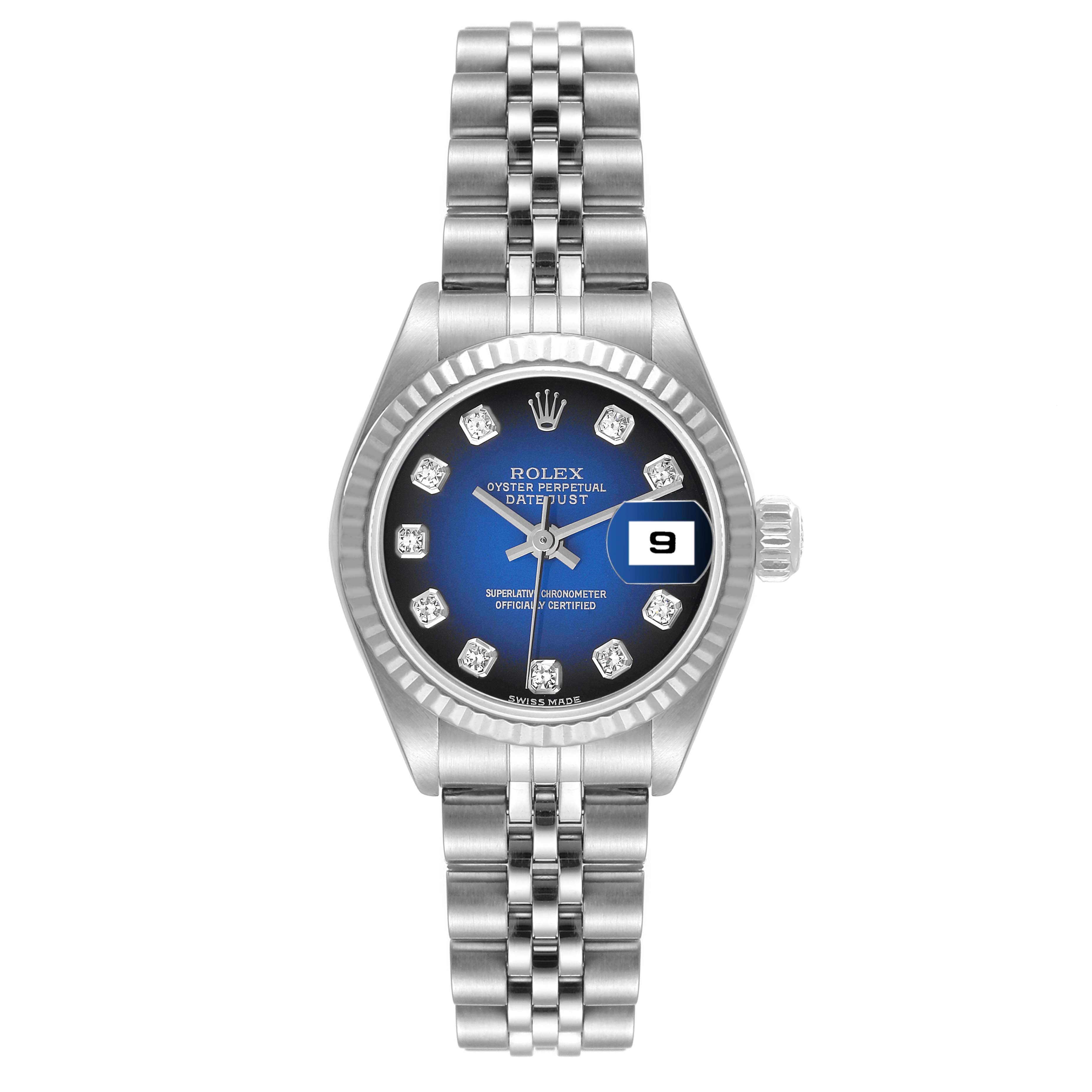 The image shows a Rolex Datejust 79174 Women's Stainless Steel Blue Dial 79174 Women's Stainless Steel Blue Dial watch from the front angle, highlighting the dial, bracelet, and date window.