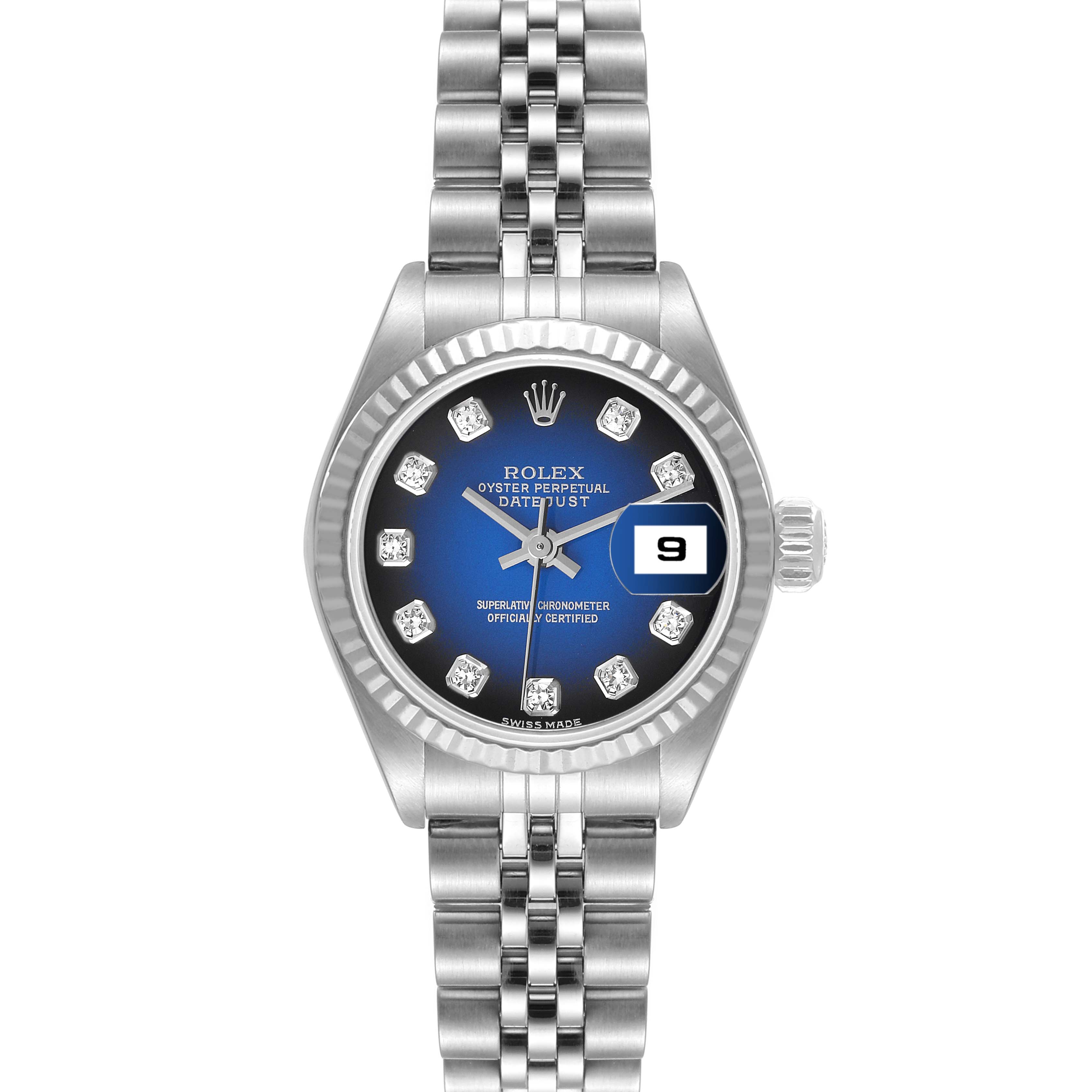 The Rolex Datejust 79174 Women's Stainless Steel Blue Dial 79174 Women's Stainless Steel Blue Dial watch is shown at a front angle, featuring its face, bracelet, and crown.