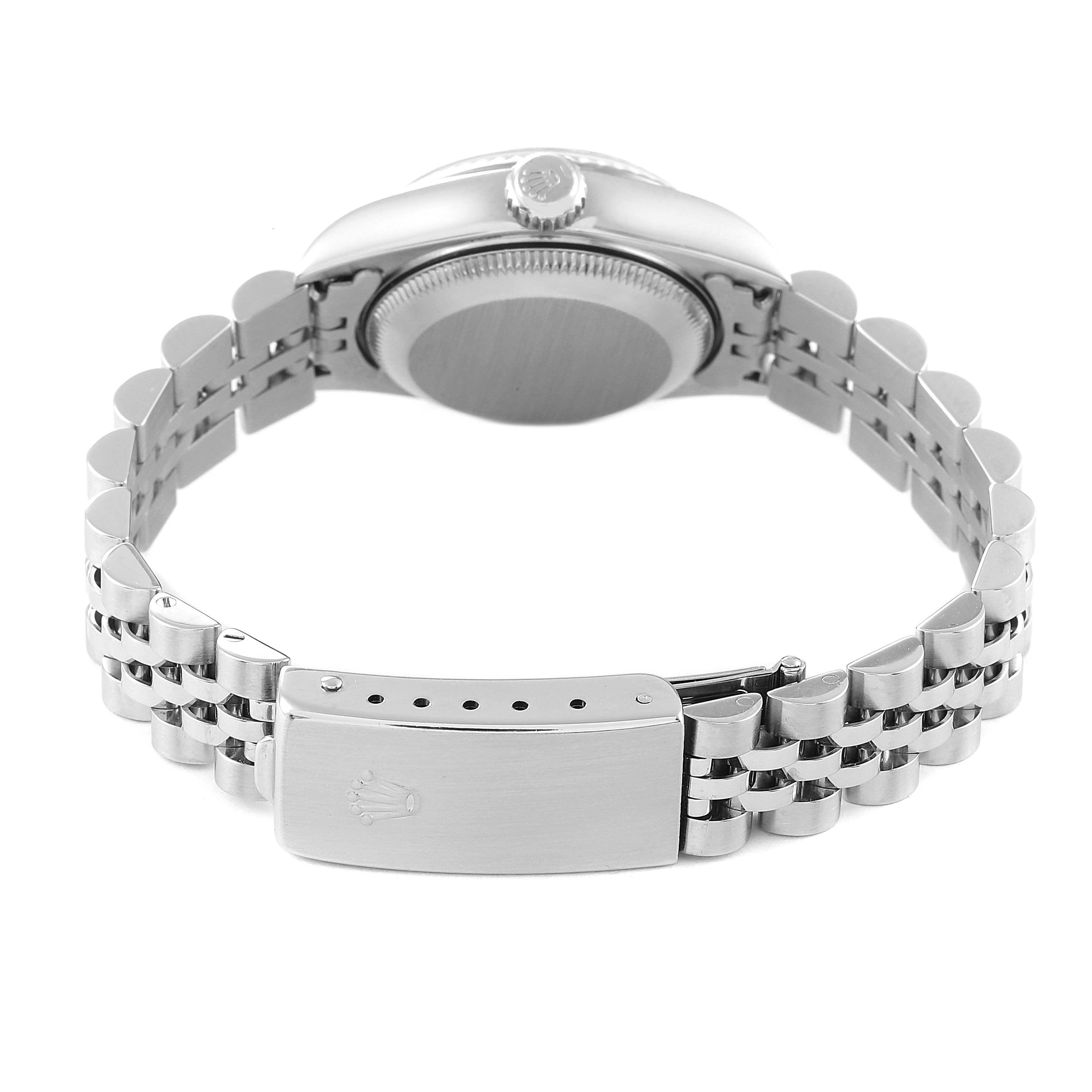 This image shows the caseback, crown, and bracelet clasp of a Rolex Datejust 79174 Women's Stainless Steel Blue Dial 79174 Women's Stainless Steel Blue Dial watch from a rear angle.