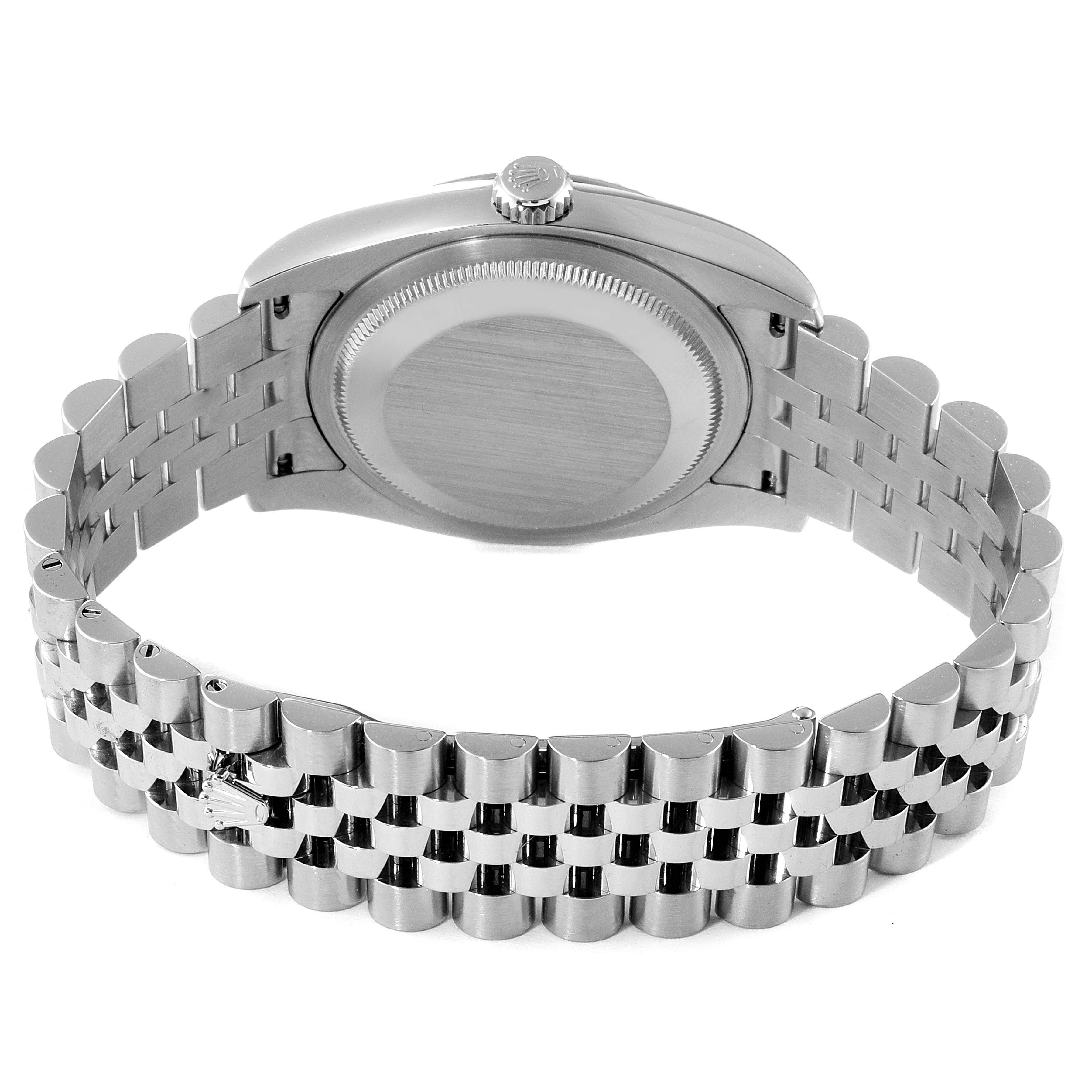 The image shows the back view of a Rolex Datejust 116234 Men's Stainless Steel White Dial 116234 Men's Stainless Steel White Dial watch, highlighting the case back and Jubilee bracelet.