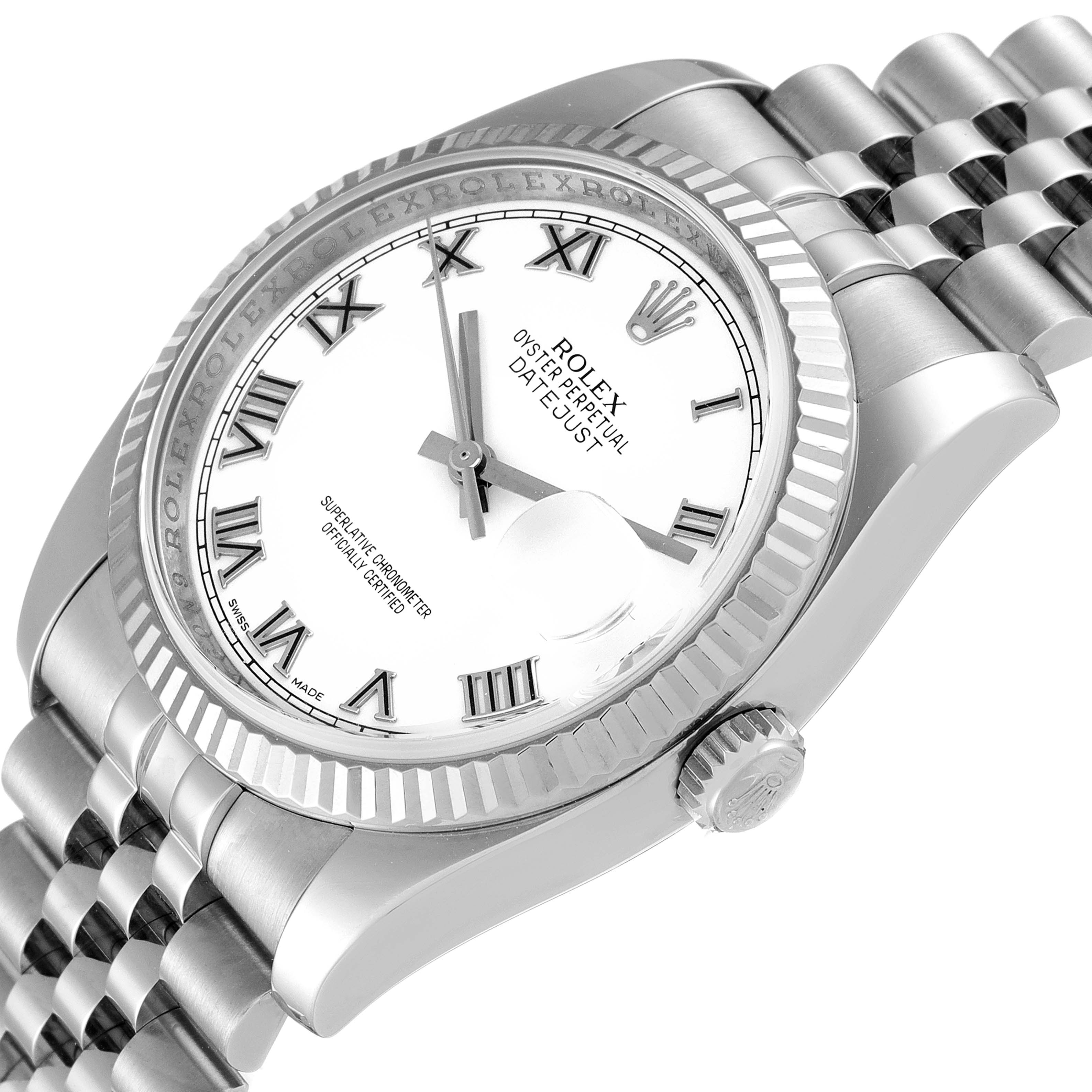The image shows a close-up angle of the Rolex Datejust 116234 Men's Stainless Steel White Dial 116234 Men's Stainless Steel White Dial watch, highlighting its face, bezel, crown, and part of the bracelet.