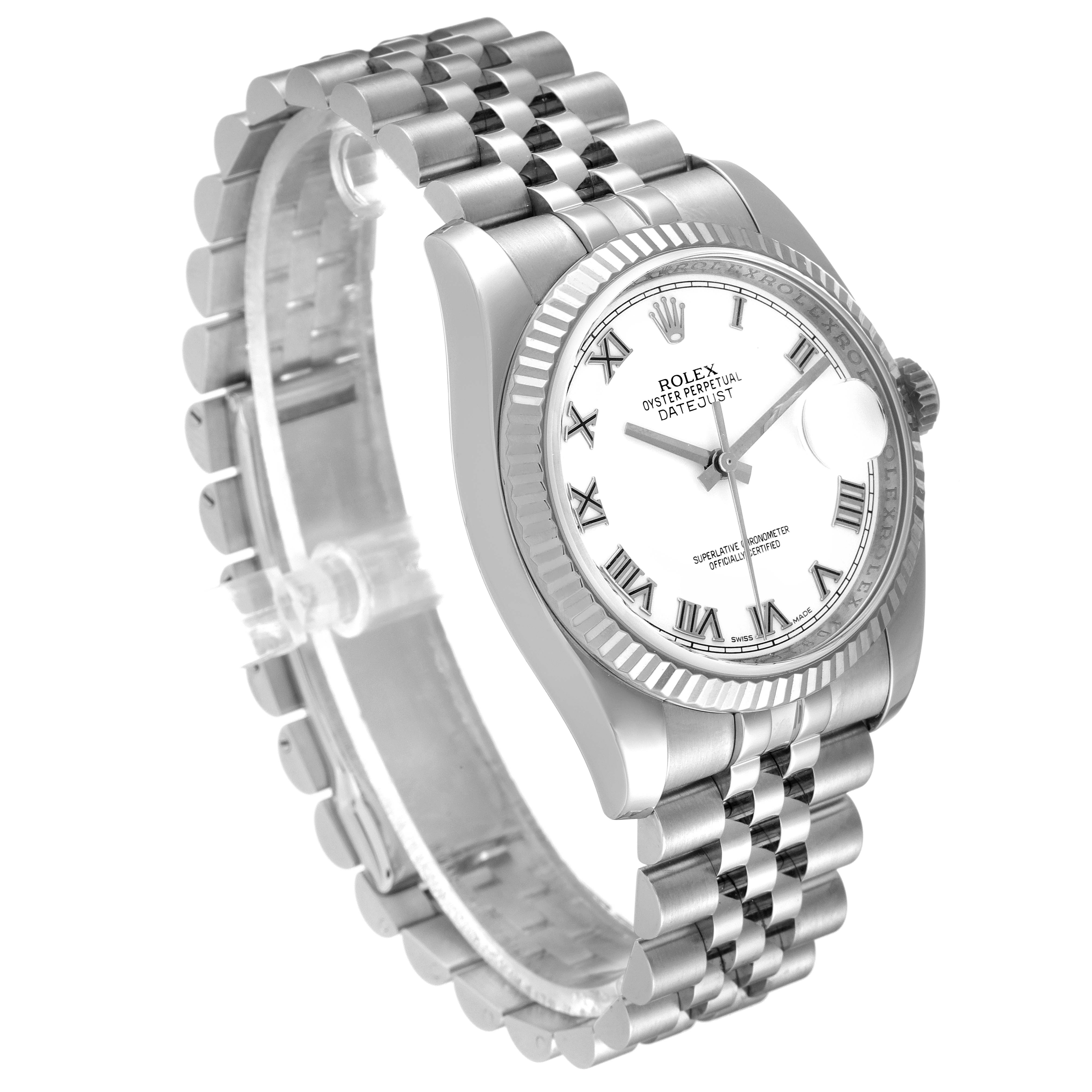 The image shows a Rolex Datejust 116234 Men's Stainless Steel White Dial 116234 Men's Stainless Steel White Dial watch at a three-quarter angle, highlighting the face, bezel, crown, and Jubilee bracelet.