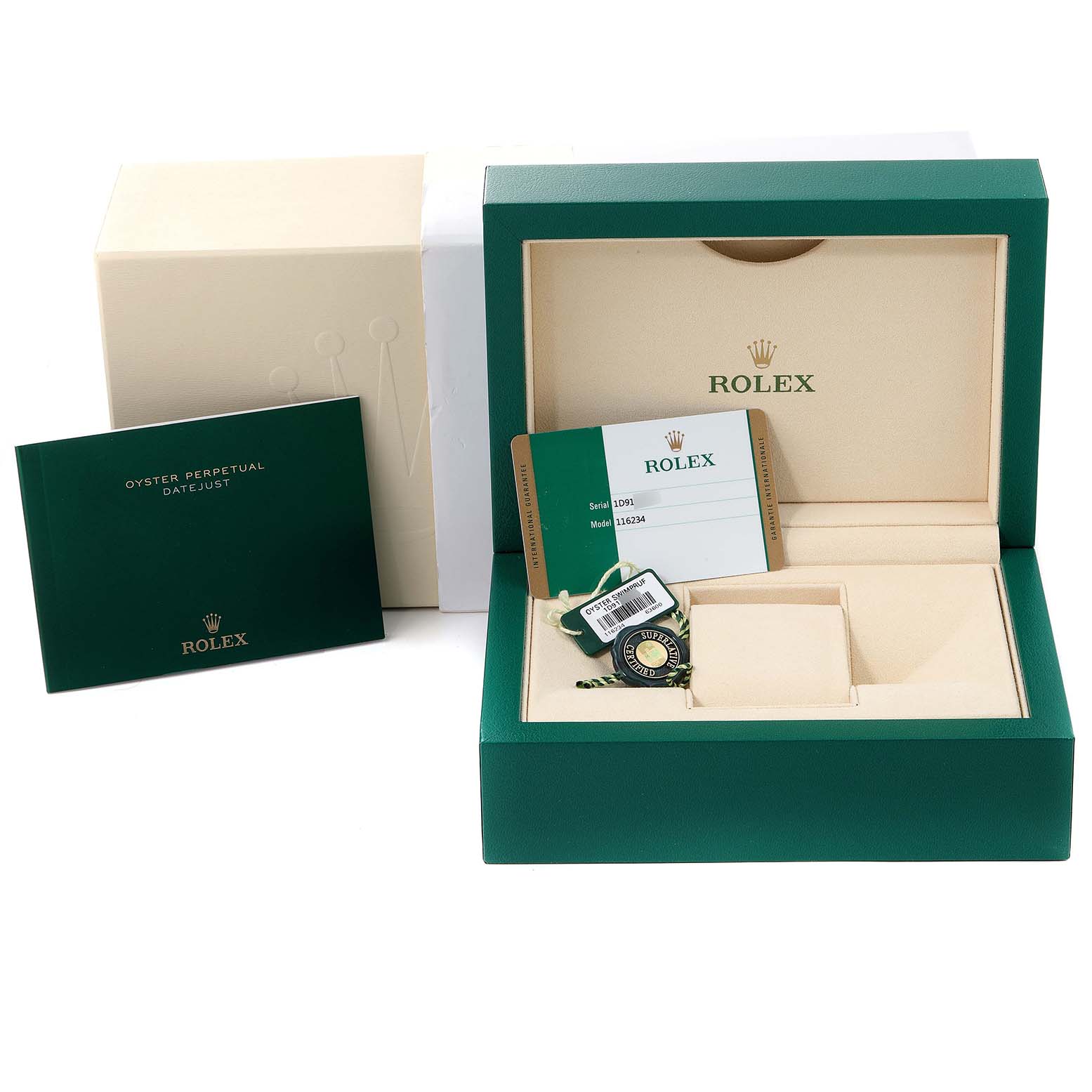 The image shows the open box, booklet, tag, and warranty card of a Rolex Datejust 116234 Men's Stainless Steel White Dial 116234 Men's Stainless Steel White Dial watch.