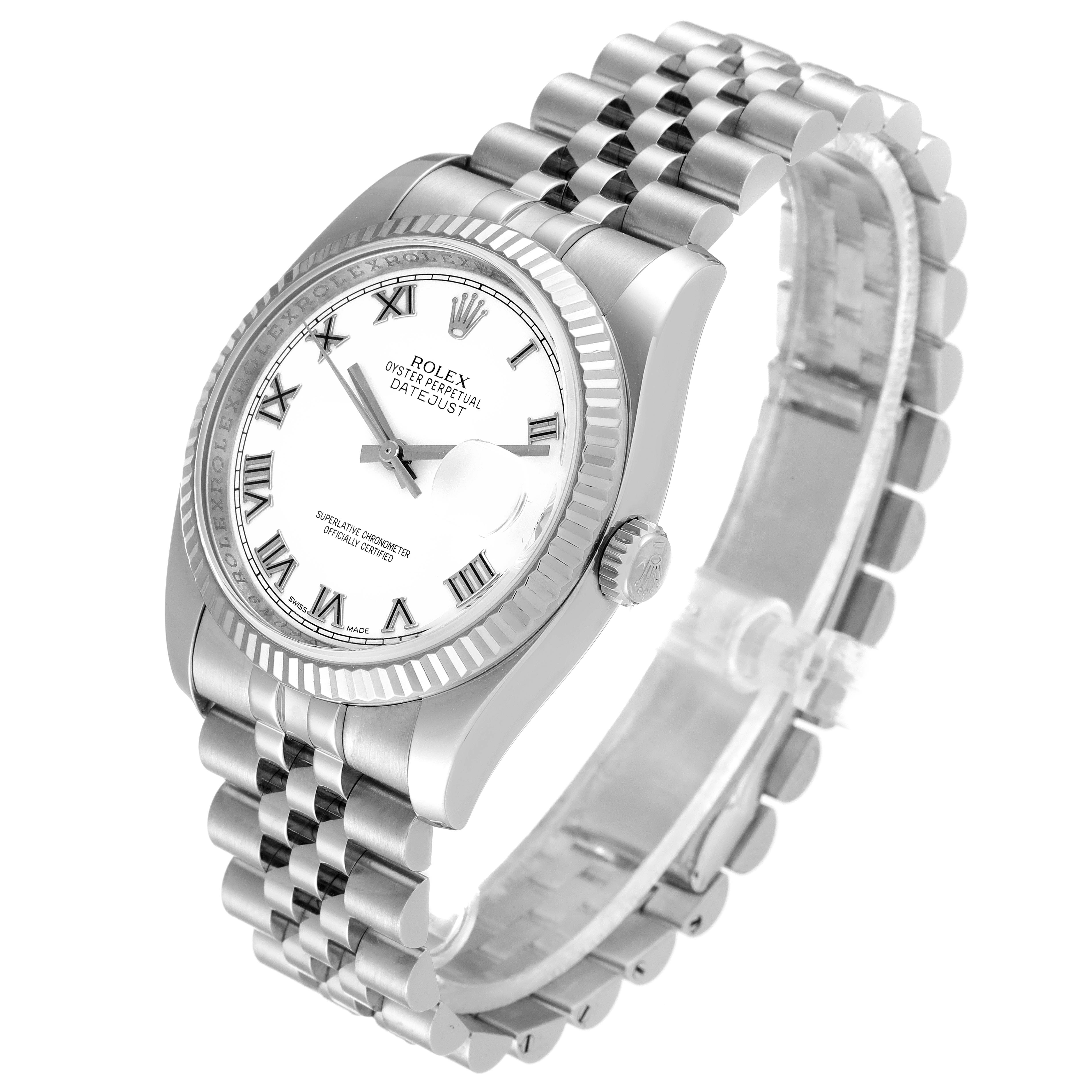 The image shows a Rolex Datejust 116234 Men's Stainless Steel White Dial 116234 Men's Stainless Steel White Dial watch at a slight angle, highlighting the face, bezel, and part of the bracelet.