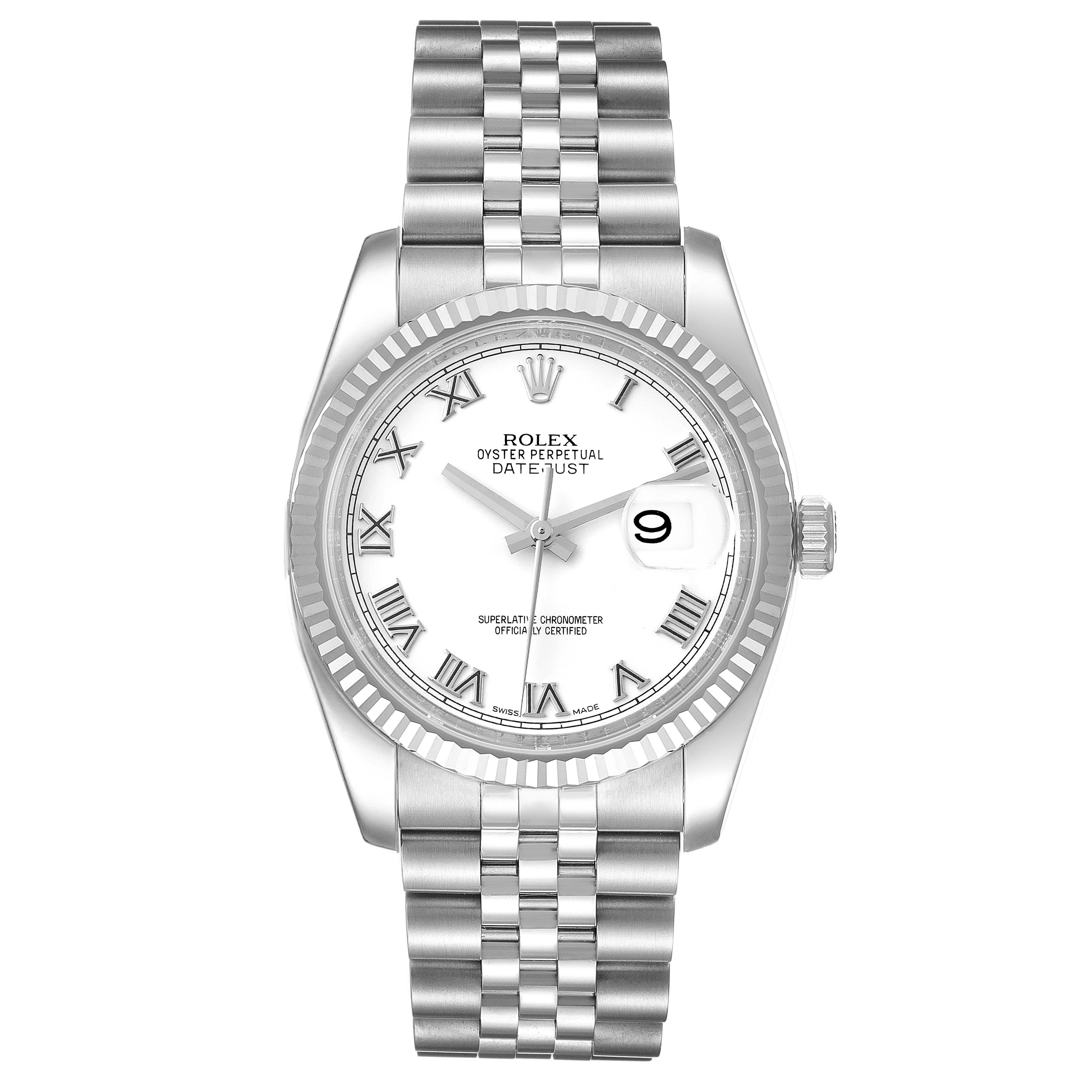 The Rolex Datejust 116234 Men's Stainless Steel White Dial 116234 Men's Stainless Steel White Dial watch is shown from a top view, displaying the face, bezel, and bracelet.