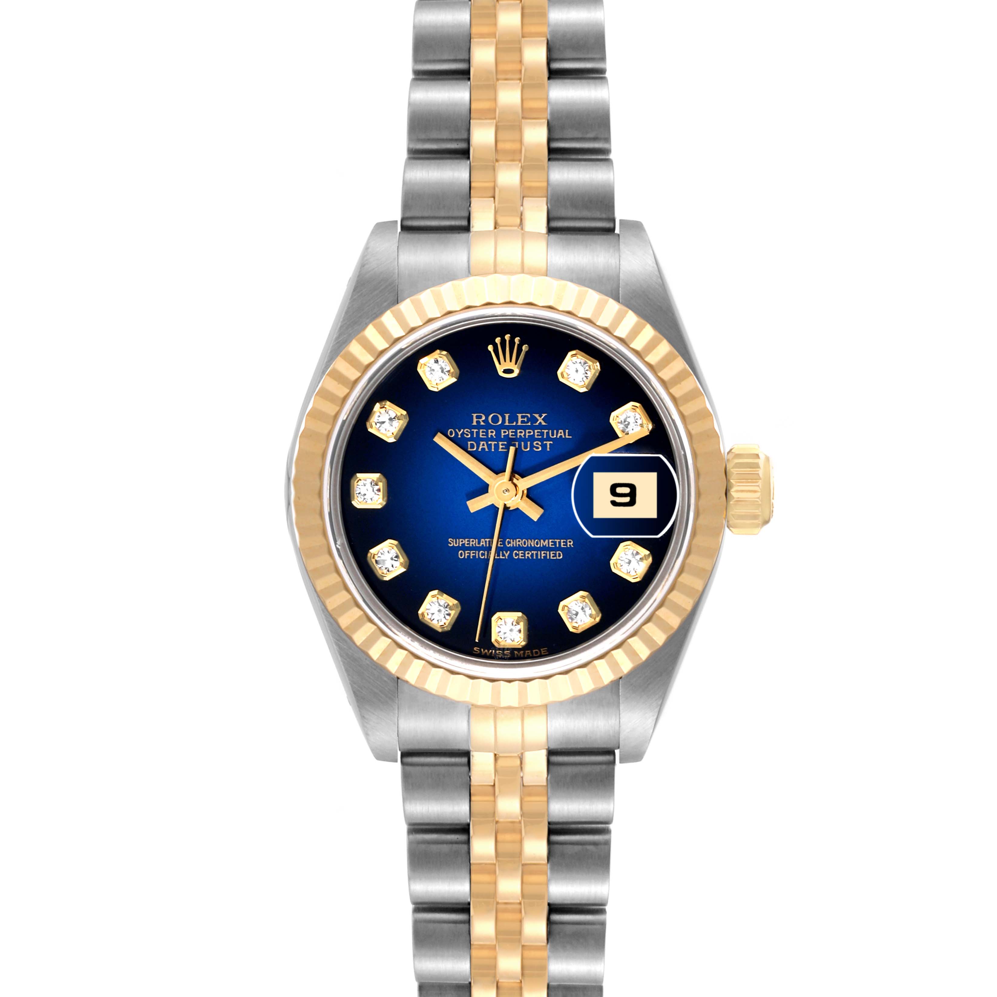 This is a front view of a Rolex Datejust 79173 Women's Steel and Gold (two tone) Blue Dial 79173 Women's Steel and Gold (two tone) Blue Dial watch, showing its face, hands, date display, bezel, and two-tone bracelet.
