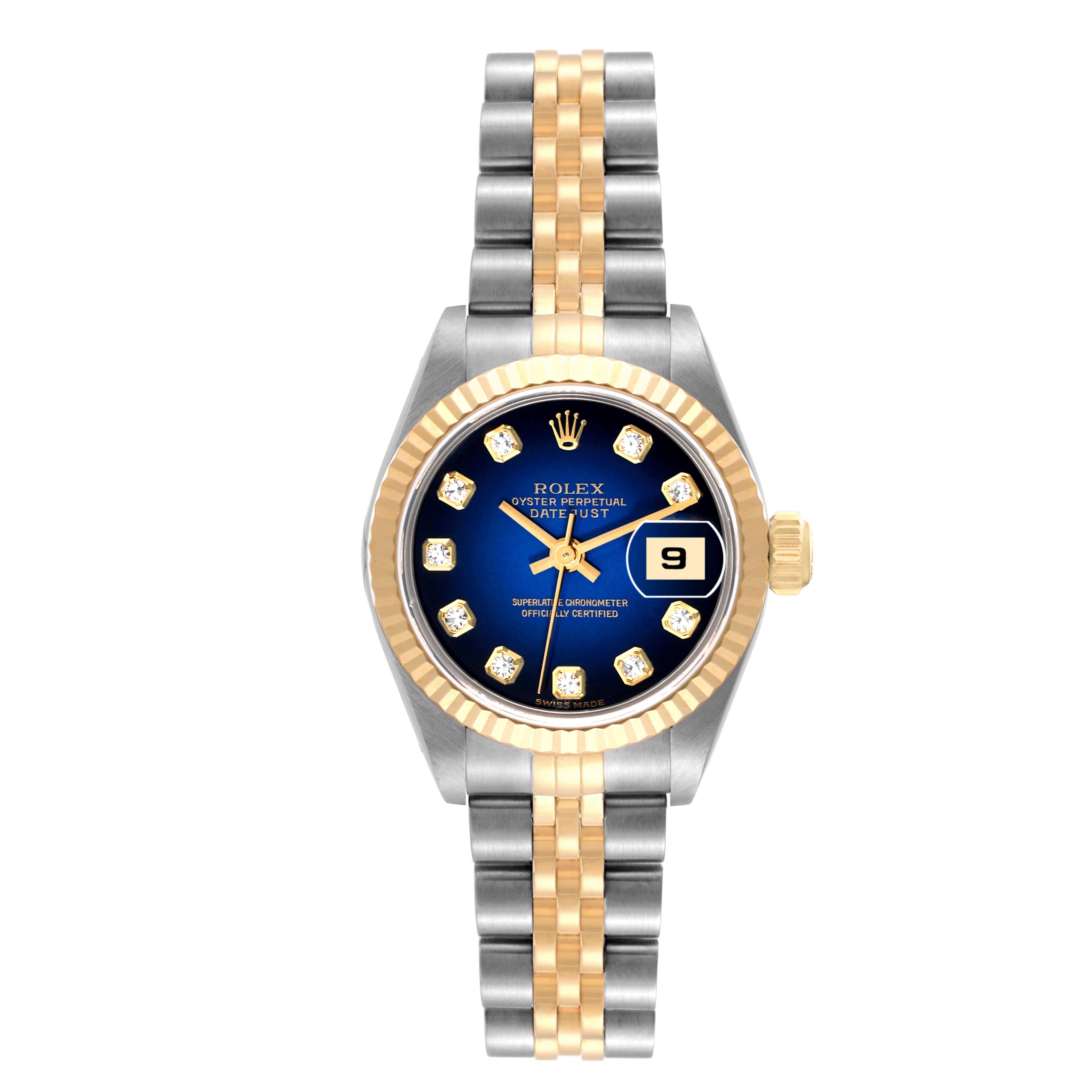 This Rolex Datejust 79173 Women's Steel and Gold (two tone) Blue Dial 79173 Women's Steel and Gold (two tone) Blue Dial watch is shown from a top view, displaying the face, bezel, and bracelet.
