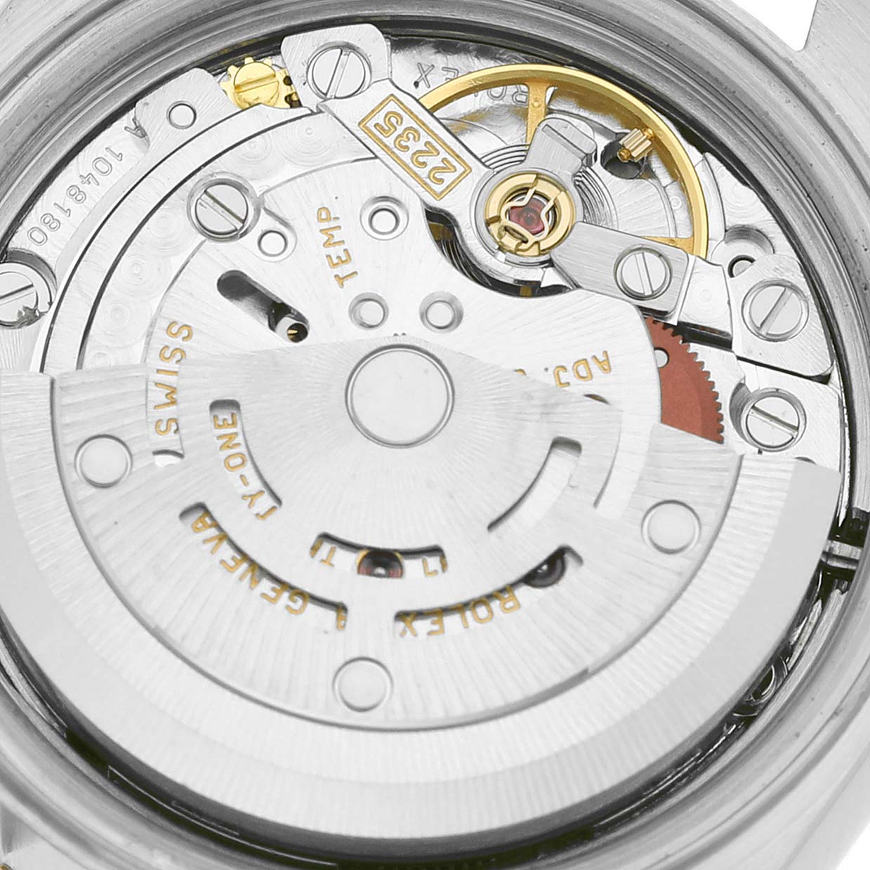 The image shows the intricate movement mechanism of the Rolex Datejust 79173 Women's Steel and Gold (two tone) Blue Dial 79173 Women's Steel and Gold (two tone) Blue Dial watch viewed from the back.